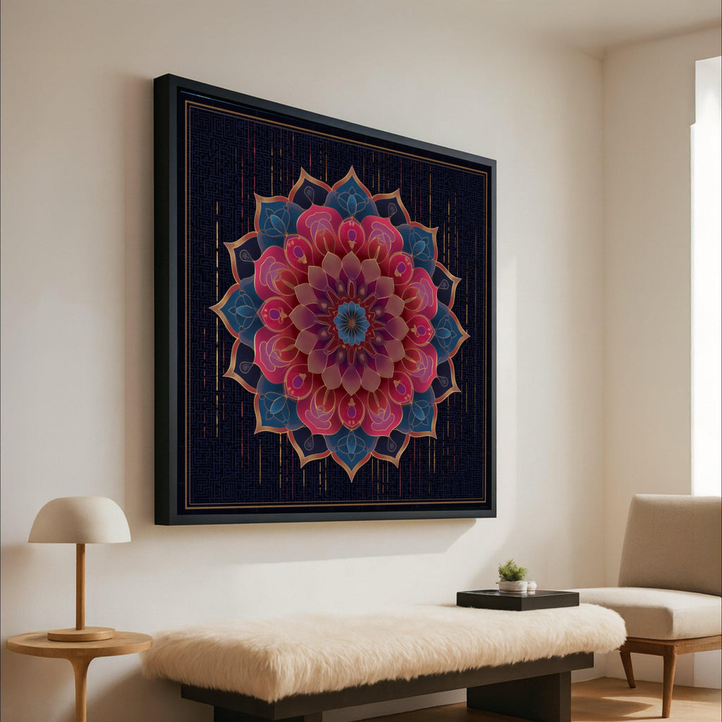 Elegant Mandala Canvas Wall Art, Floral Geometric Design, Boho Chic Home Decor, Vibrant Pink and Blue Pattern, Luxury Bedroom Ready To Hang,