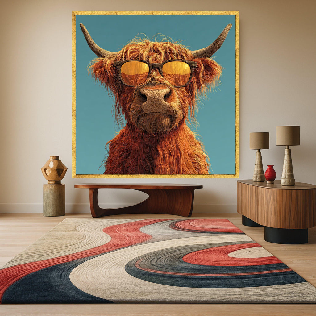 Cool Highland Cow Canvas Wall Art, Sunglasses Animal Portrait, Modern Farmhouse Decor, Funny Animal Canvas, Rustic Home Ready To Hang,