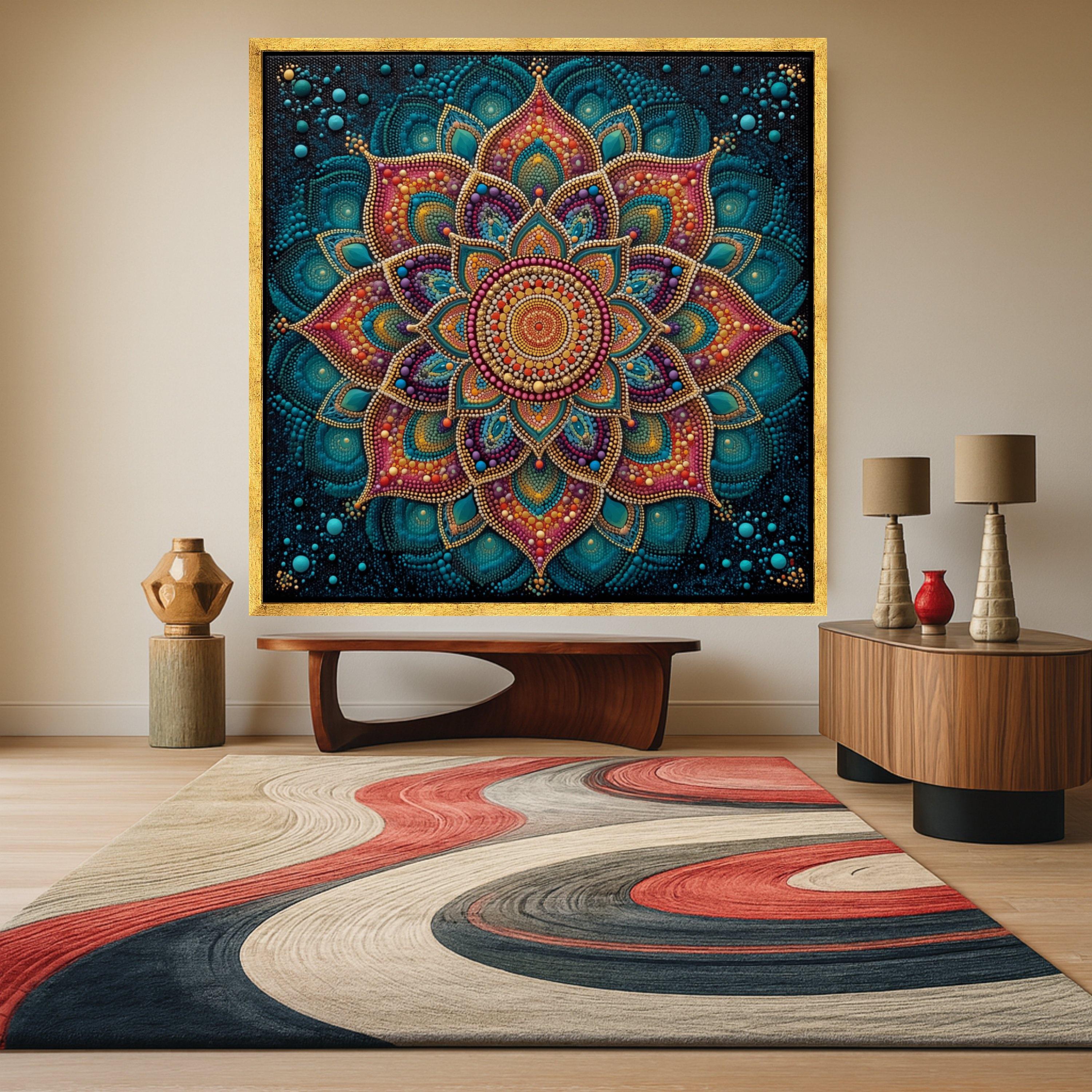 Vibrant Mandala Canvas Wall Art, Colorful Dot Pattern, Boho Home Decoration, Spiritual Geometric Design, Ready to Hang Canvas Ready To Hang,