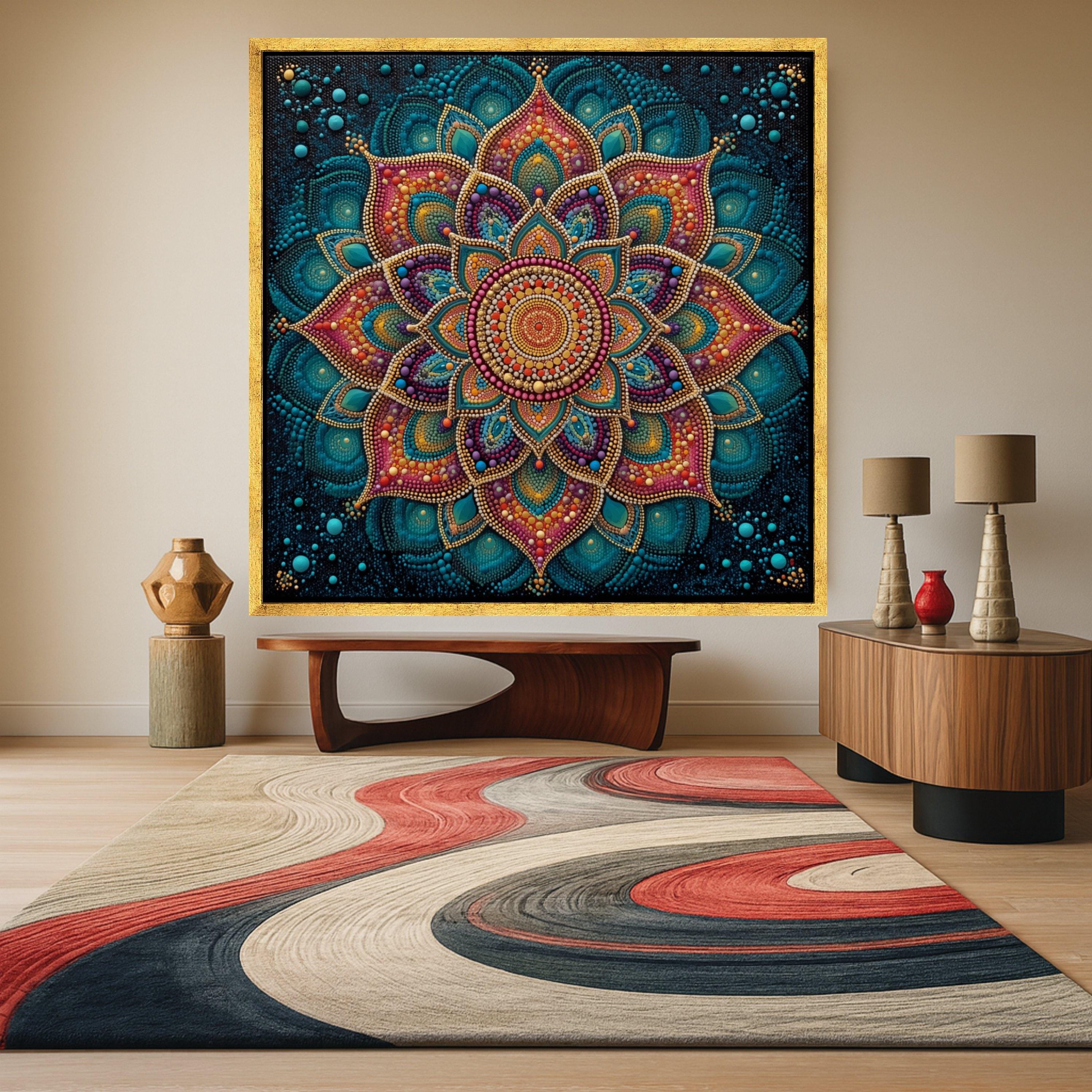 Vibrant Mandala Canvas Wall Art, Colorful Dot Pattern, Boho Home Decoration, Spiritual Geometric Design, Ready to Hang Canvas Ready To Hang,