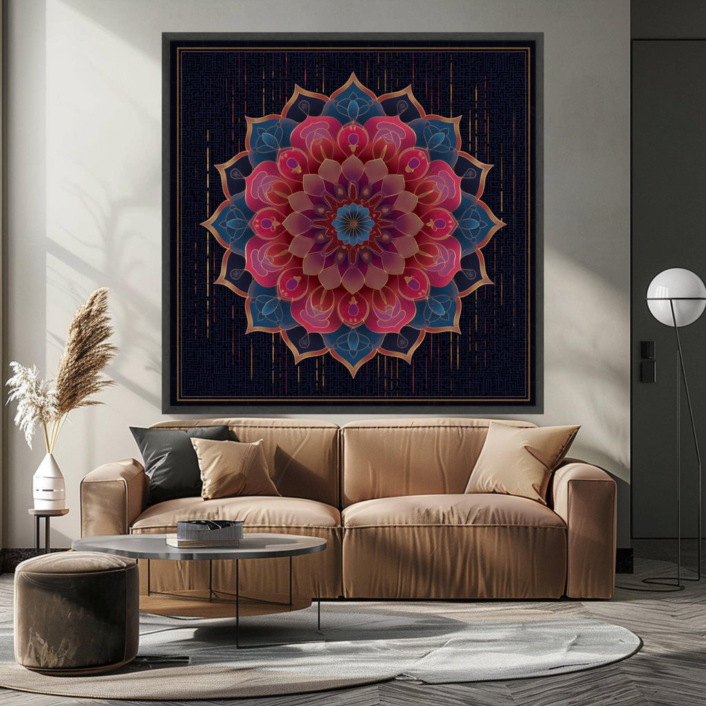 Elegant Mandala Canvas Wall Art, Floral Geometric Design, Boho Chic Home Decor, Vibrant Pink and Blue Pattern, Luxury Bedroom Ready To Hang,