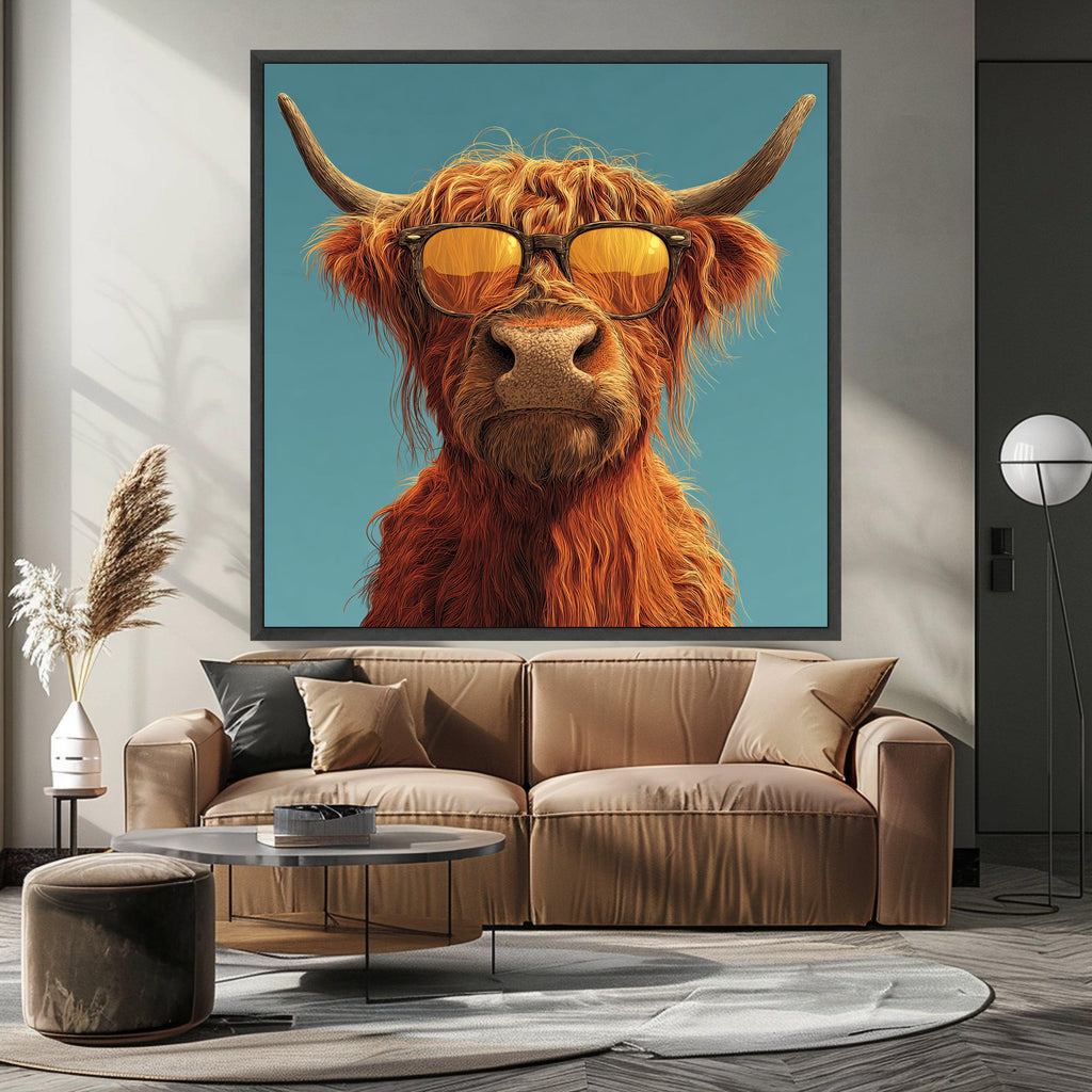 Cool Highland Cow Canvas Wall Art, Sunglasses Animal Portrait, Modern Farmhouse Decor, Funny Animal Canvas, Rustic Home Ready To Hang,
