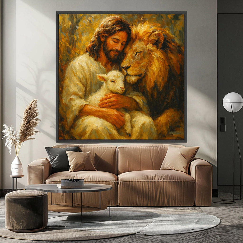 Jesus with Lamb and Lion, Spiritual Canvas Wall Art, Christian Inspirational Painting, Faith Home Decor, Religious Wall Ready To Hang,