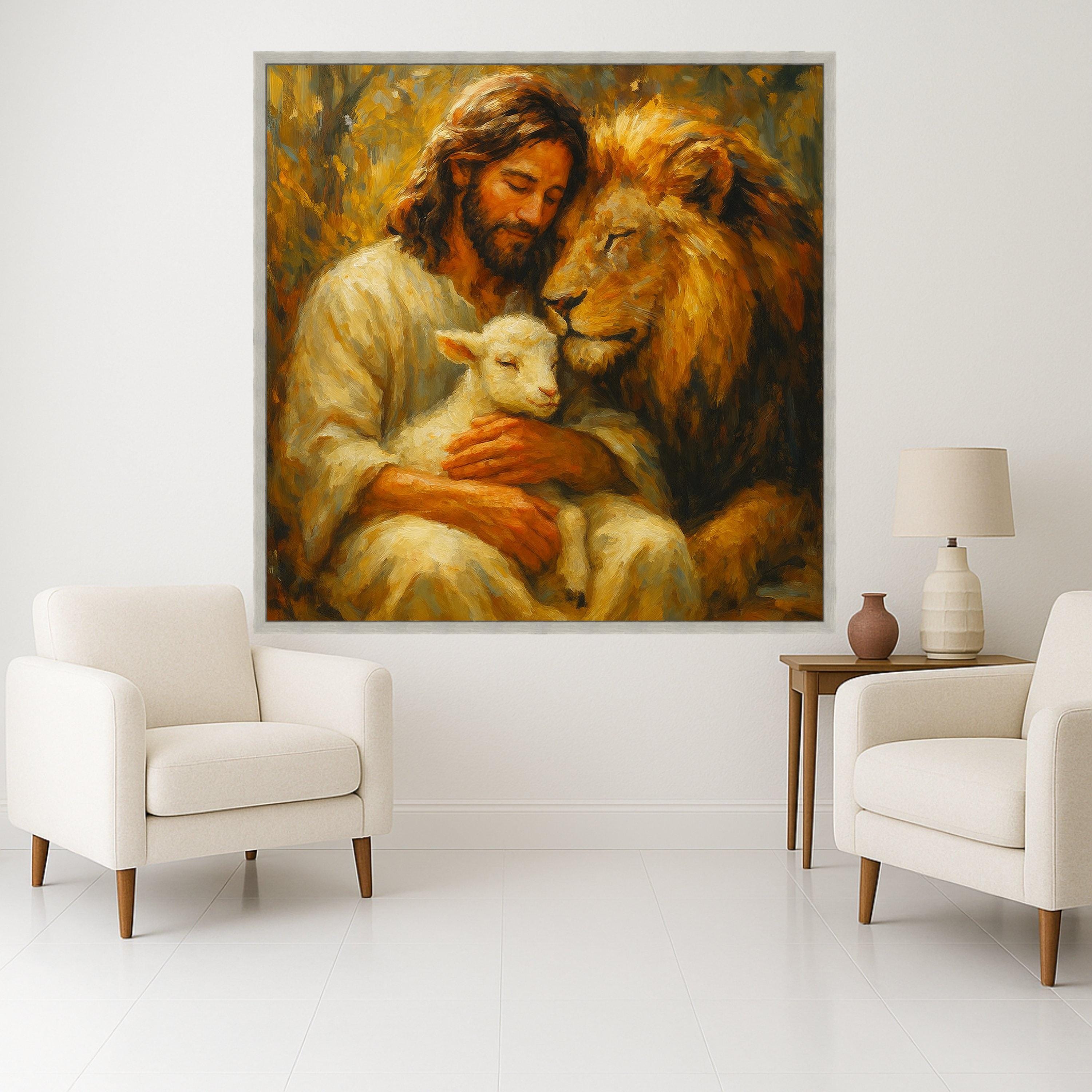 Jesus with Lamb and Lion, Spiritual Canvas Wall Art, Christian Inspirational Painting, Faith Home Decor, Religious Wall Ready To Hang,