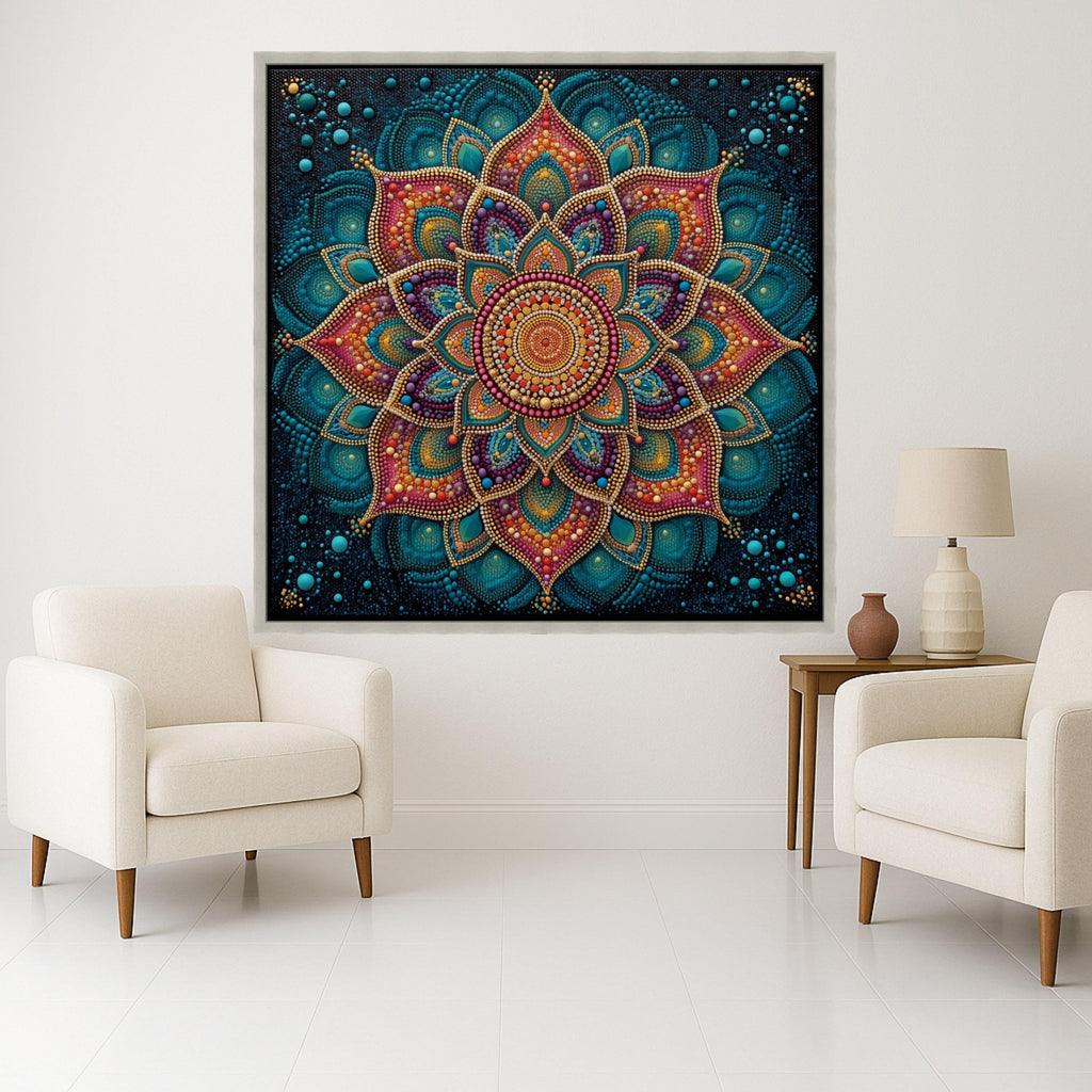 Vibrant Mandala Canvas Wall Art, Colorful Dot Pattern, Boho Home Decoration, Spiritual Geometric Design, Ready to Hang Canvas Ready To Hang,