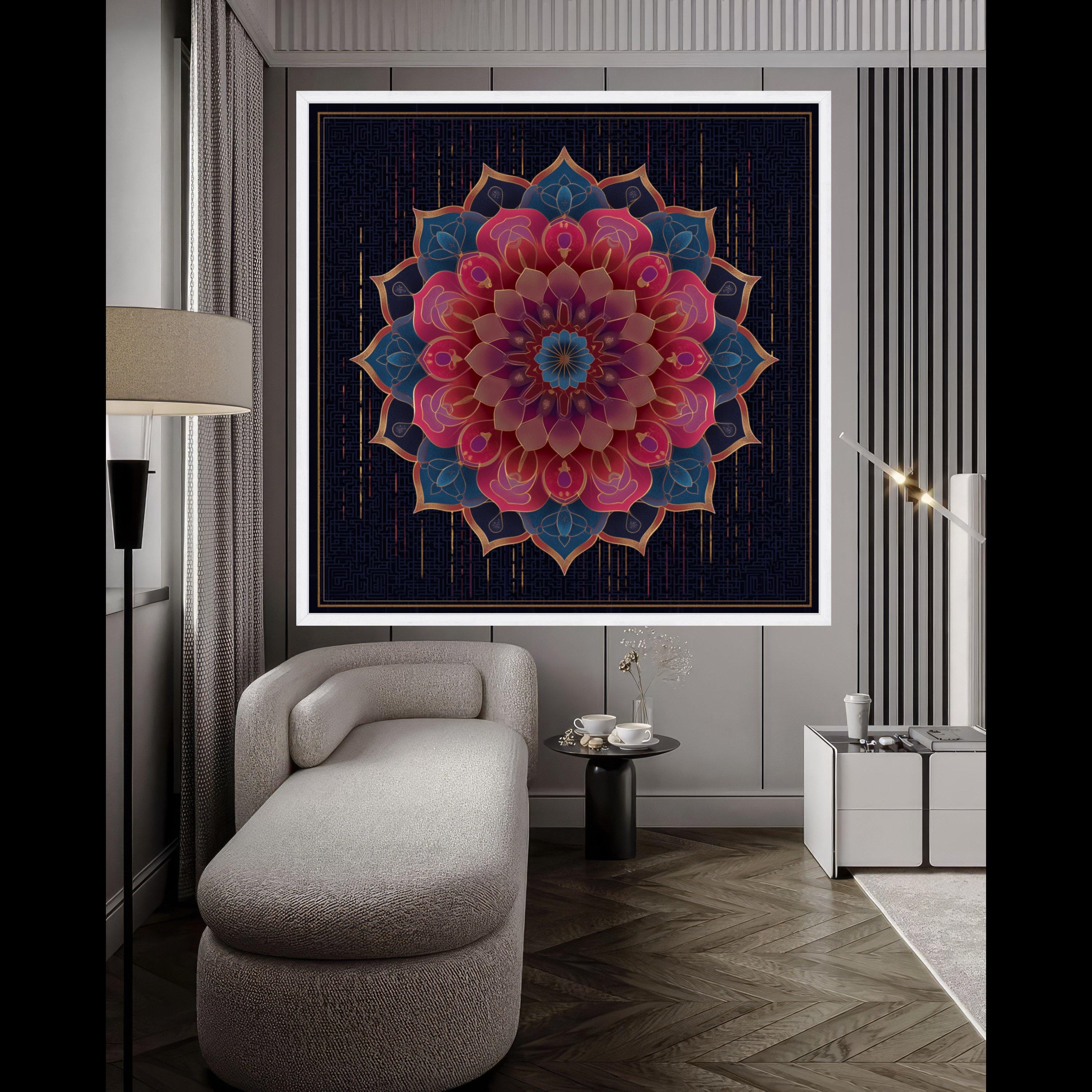 Elegant Mandala Canvas Wall Art, Floral Geometric Design, Boho Chic Home Decor, Vibrant Pink and Blue Pattern, Luxury Bedroom Ready To Hang,