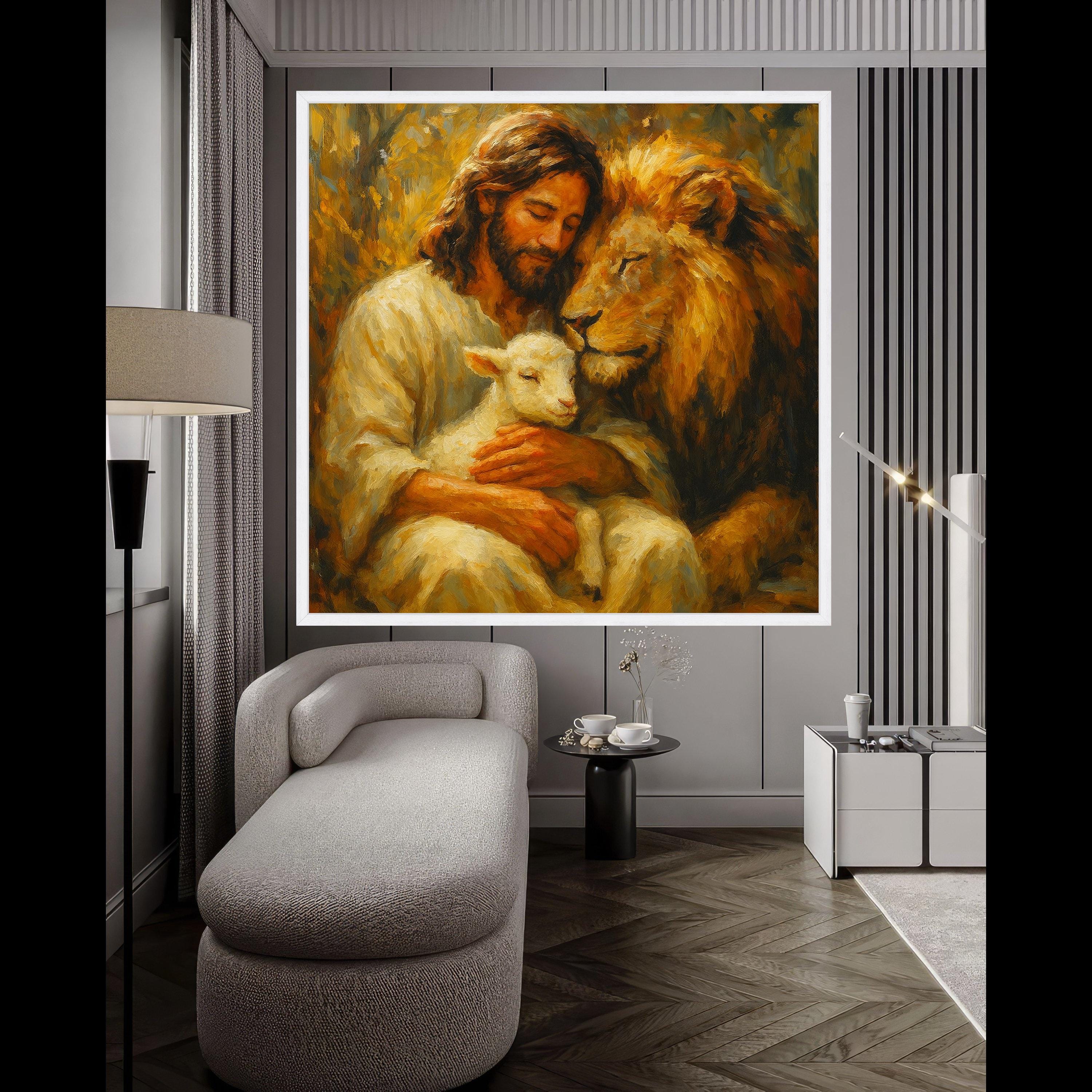 Jesus with Lamb and Lion, Spiritual Canvas Wall Art, Christian Inspirational Painting, Faith Home Decor, Religious Wall Ready To Hang,