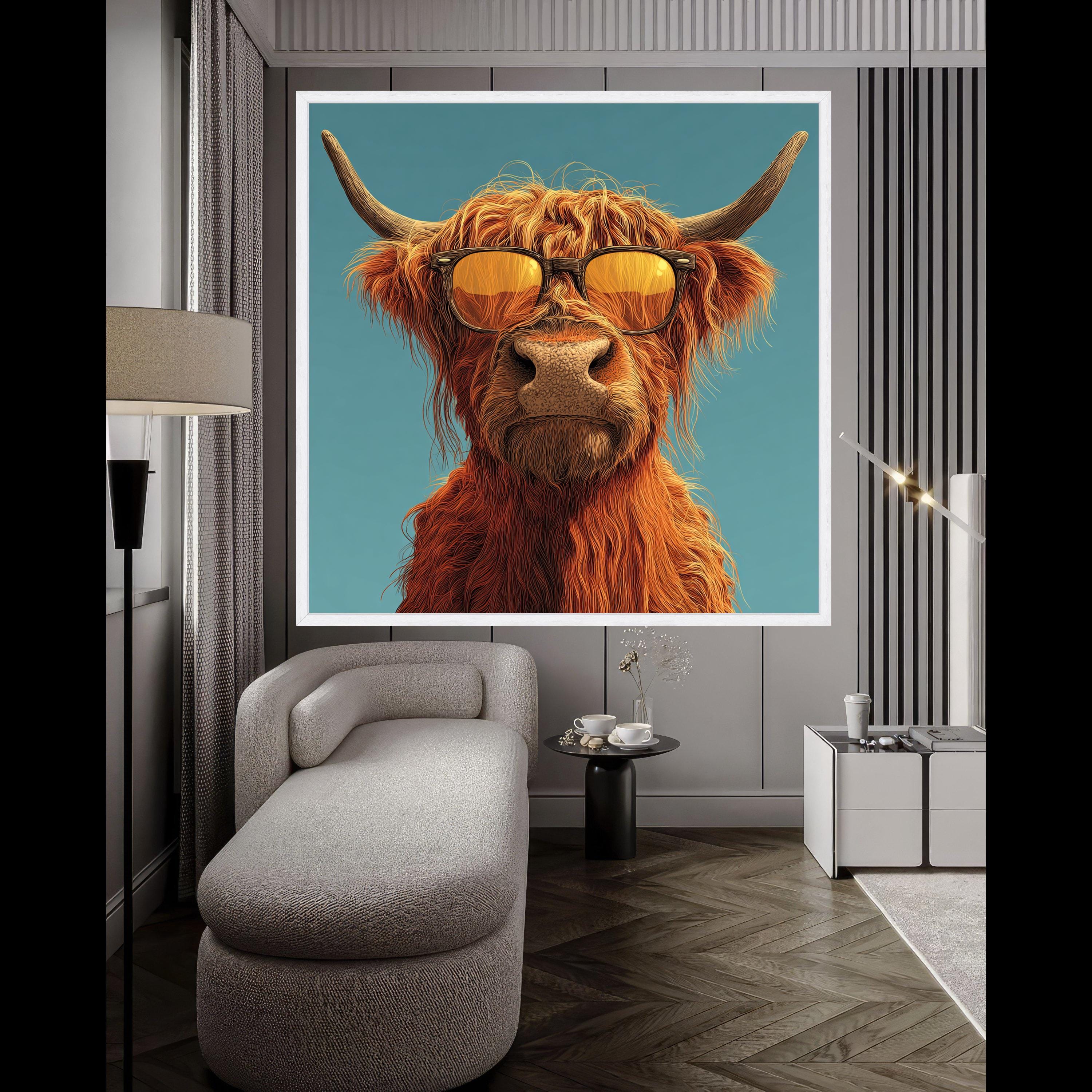 Cool Highland Cow Canvas Wall Art, Sunglasses Animal Portrait, Modern Farmhouse Decor, Funny Animal Canvas, Rustic Home Ready To Hang,