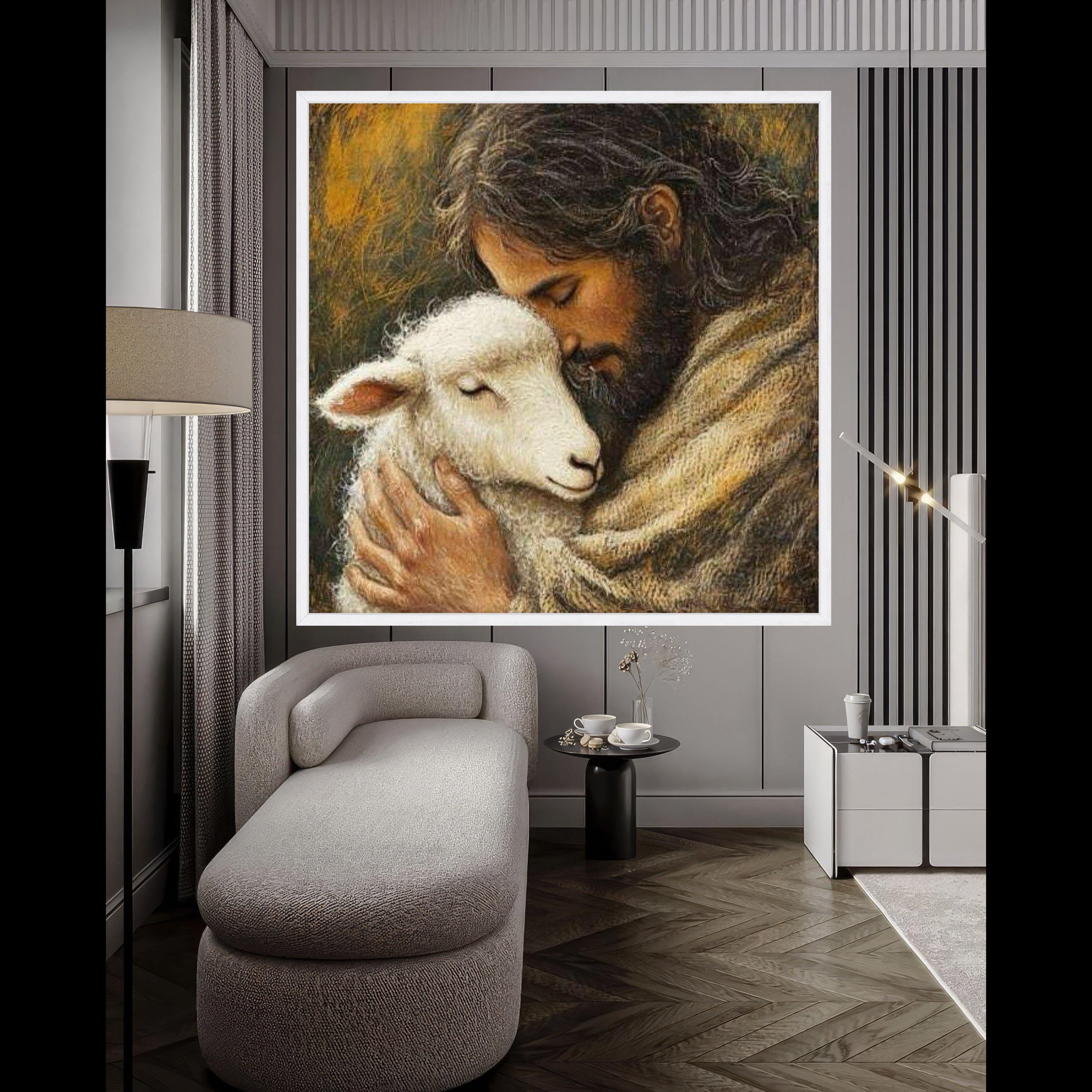 Jesus with Lamb Canvas Wall Art, Spiritual Christian Canvas, Religious Home Decor, Peaceful Faith Artwork, Inspirational Wall Ready To Hang,