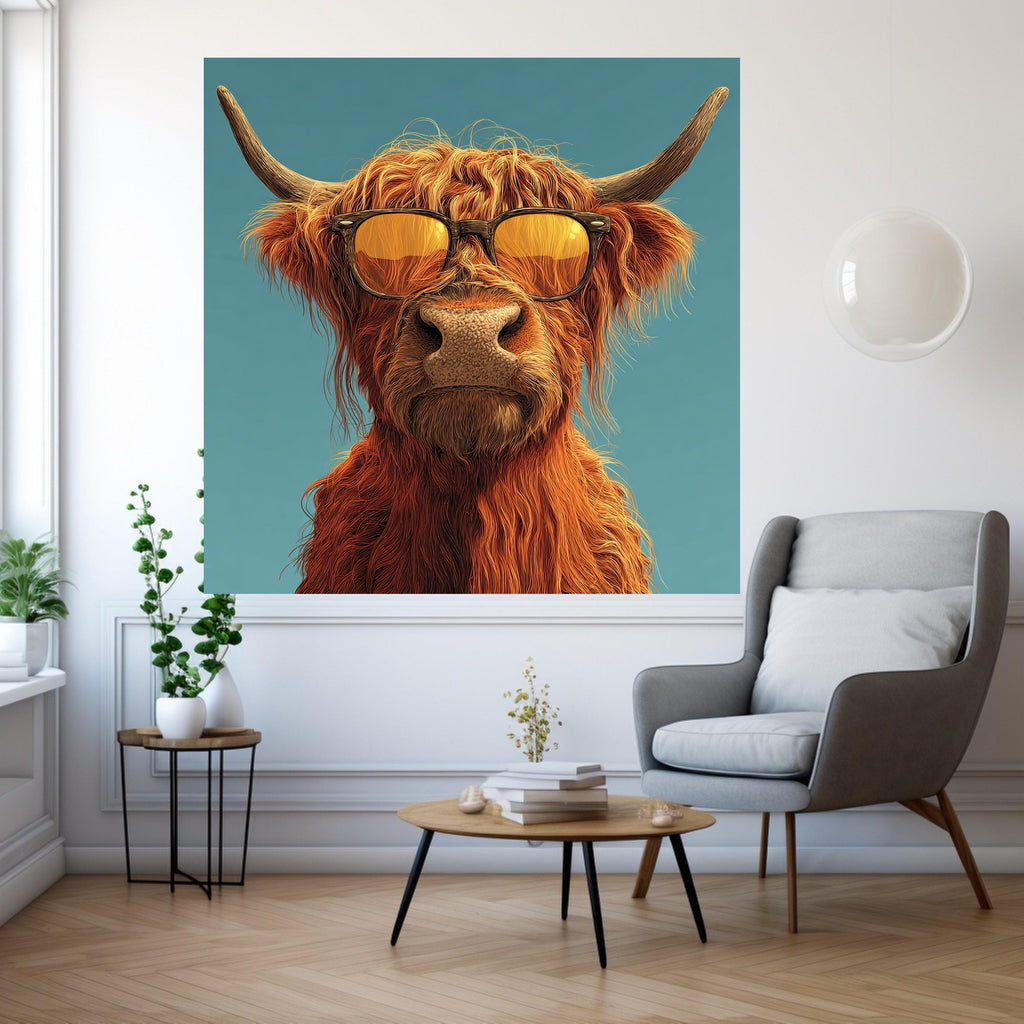 Cool Highland Cow Canvas Wall Art, Sunglasses Animal Portrait, Modern Farmhouse Decor, Funny Animal Canvas, Rustic Home Ready To Hang,