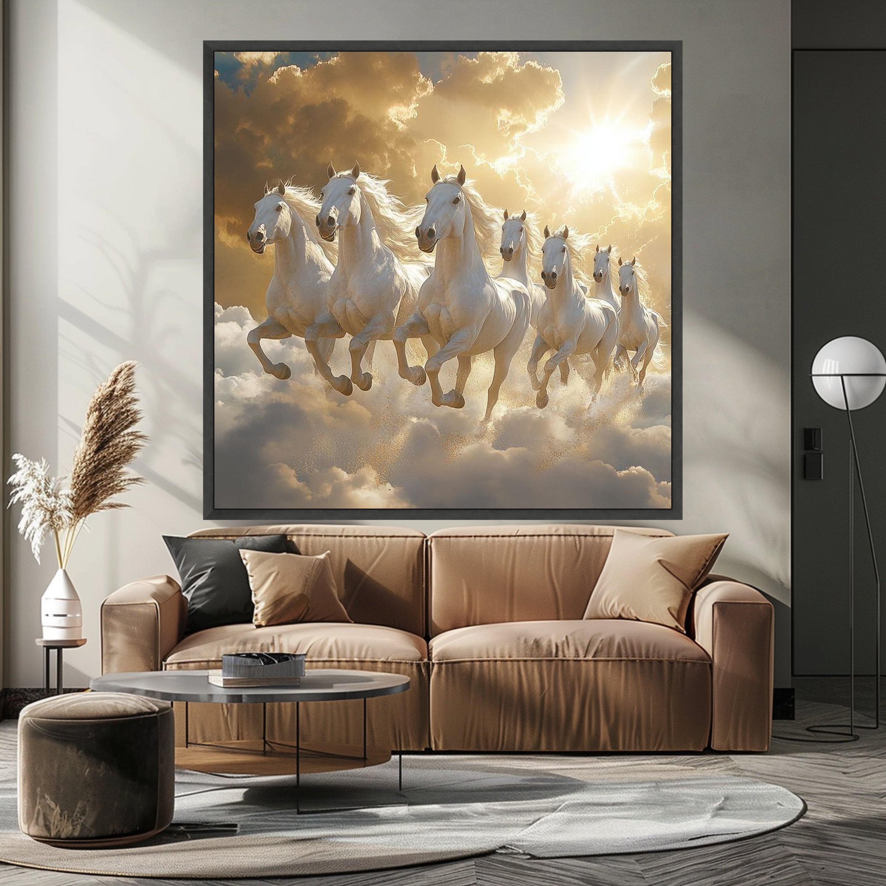 Majestic White Horses Running Through Clouds Canvas, Fantasy Animal Wall Art, Inspirational Nature Scene, Powerful Horse Ready To Hang,