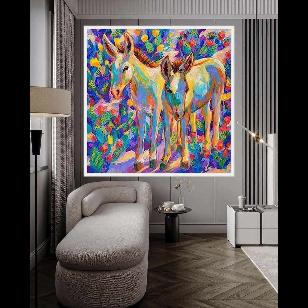 Colorful Donkey Pair Canvas, Vibrant Animal Wall Art, Modern Farmhouse Decor, Bright Nature Painting, Ready to Hang Canvas Ready To Hang,
