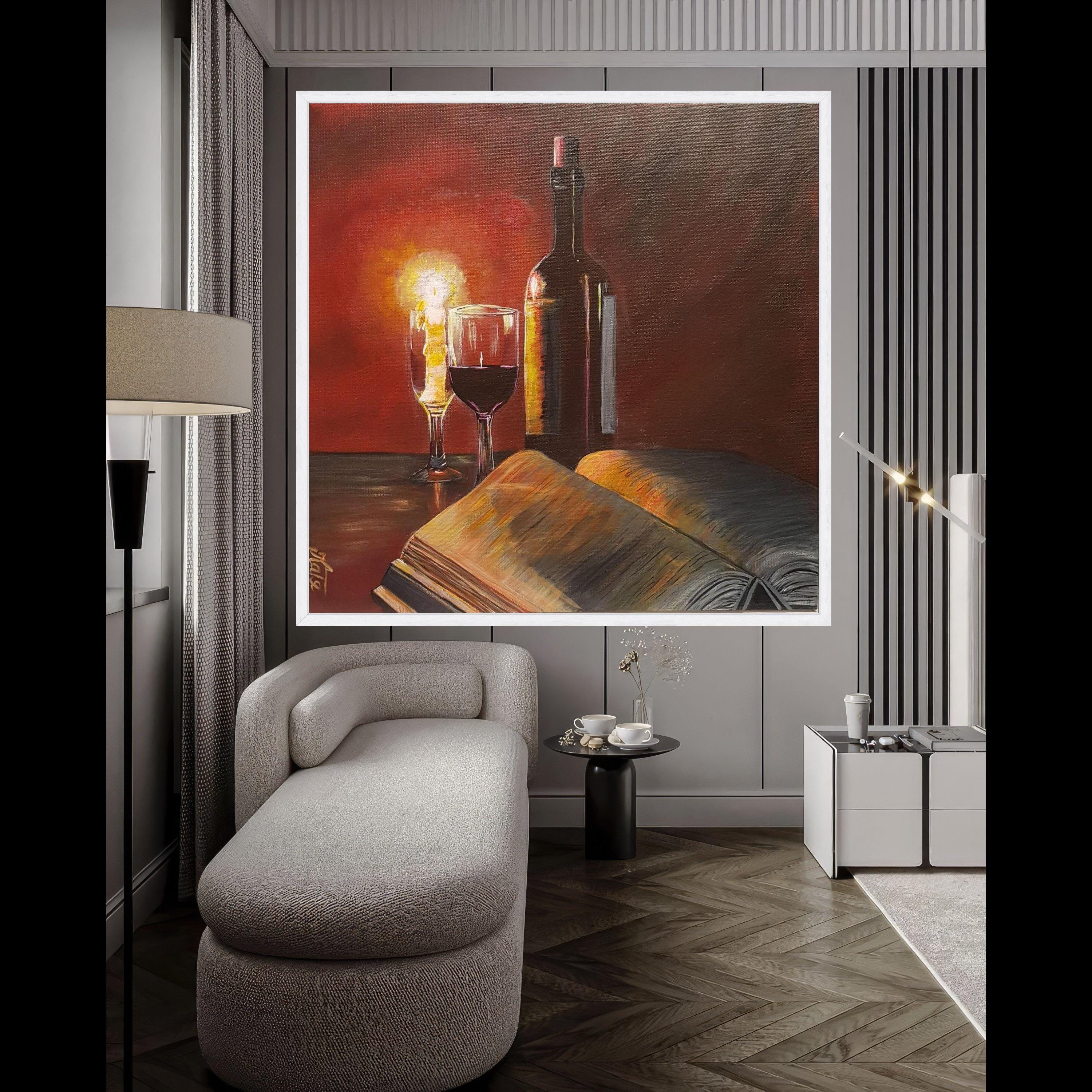 Cozy Evening Still Life Canvas, Wine Bottle and Glass Art, Open Book Painting, Candlelight Home Decor, Warm Ambience Wall Art Ready To Hang,