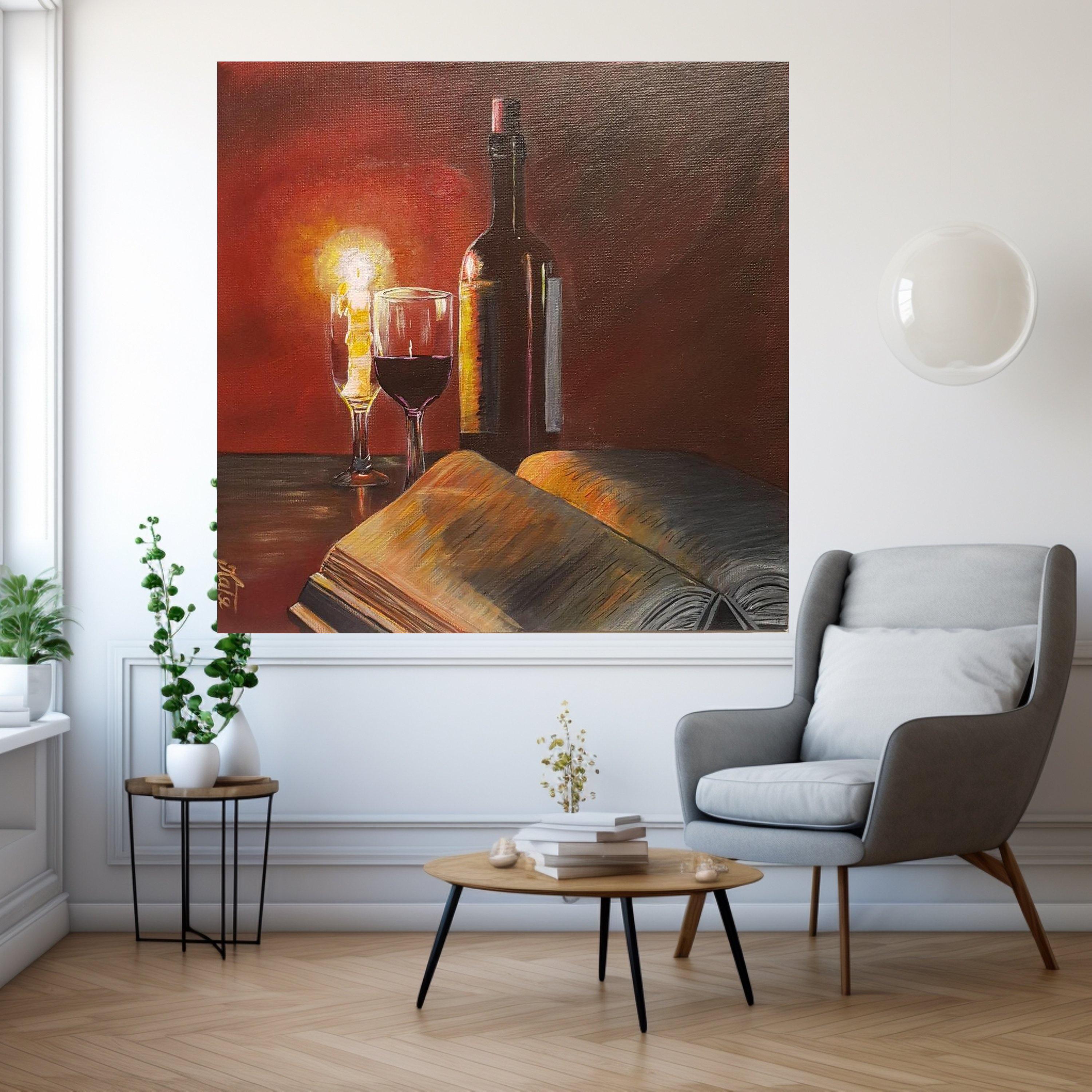 Cozy Evening Still Life Canvas, Wine Bottle and Glass Art, Open Book Painting, Candlelight Home Decor, Warm Ambience Wall Art Ready To Hang,