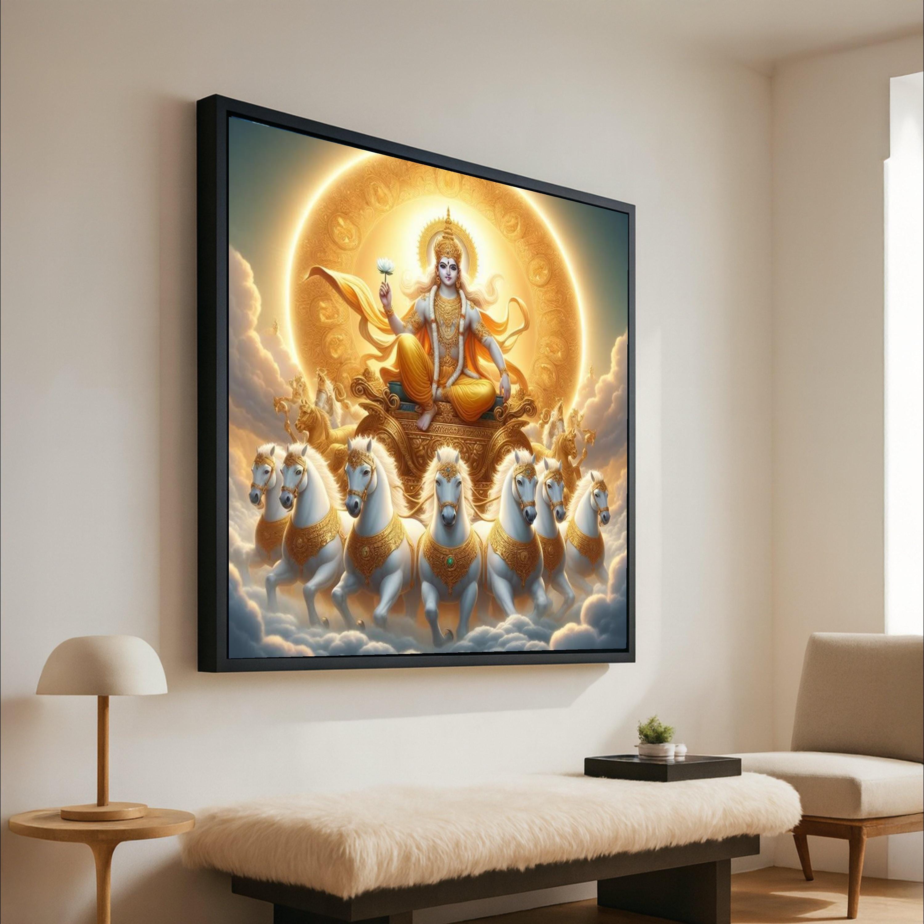 Divine Sun Chariot Canvas, Hindu God Wall Art, Spiritual Home Decor, Krishna Mythology Print, Golden Religious Canvas Art Ready To Hang,