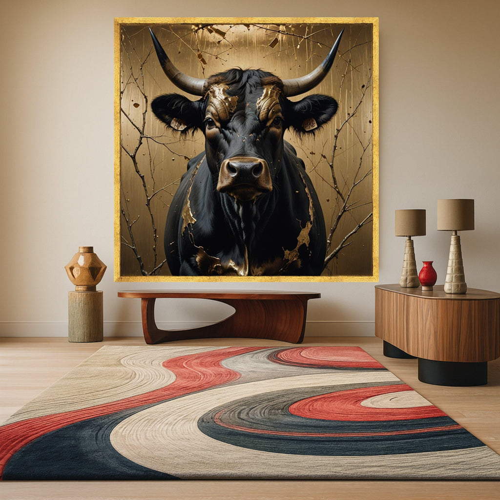 Majestic Black Bull Canvas Wall Art, Gold Leaf Accents, Rustic Animal Portrait, Nature Canvas Print, Farmhouse Decor, Ready Ready To Hang,