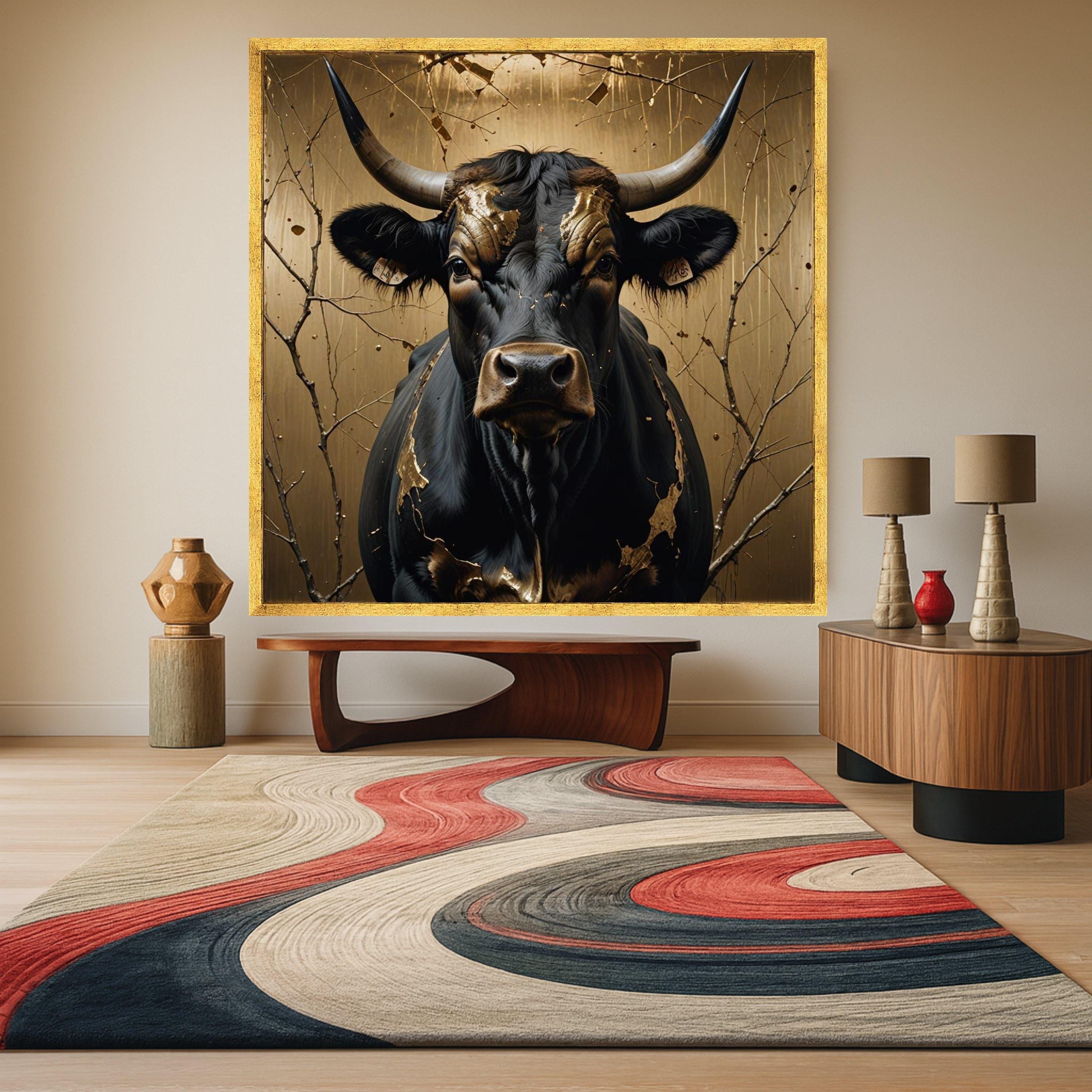 Majestic Black Bull Canvas Wall Art, Gold Leaf Accents, Rustic Animal Portrait, Nature Canvas Print, Farmhouse Decor, Ready Ready To Hang,
