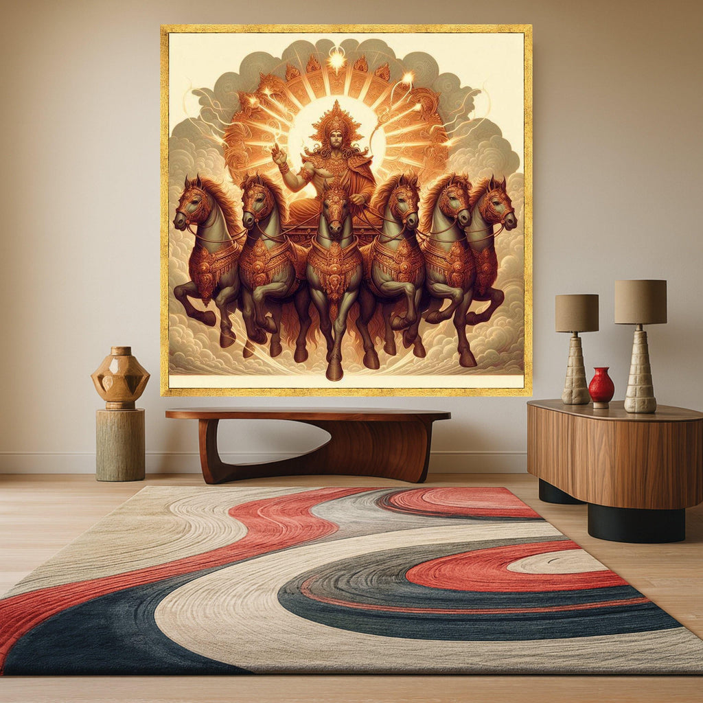 Hindu Sun God Surya Chariot Canvas, Mythological Wall Art, Divine Horses Ride Painting, Spiritual Indian Art, Home Decor Ready To Hang,
