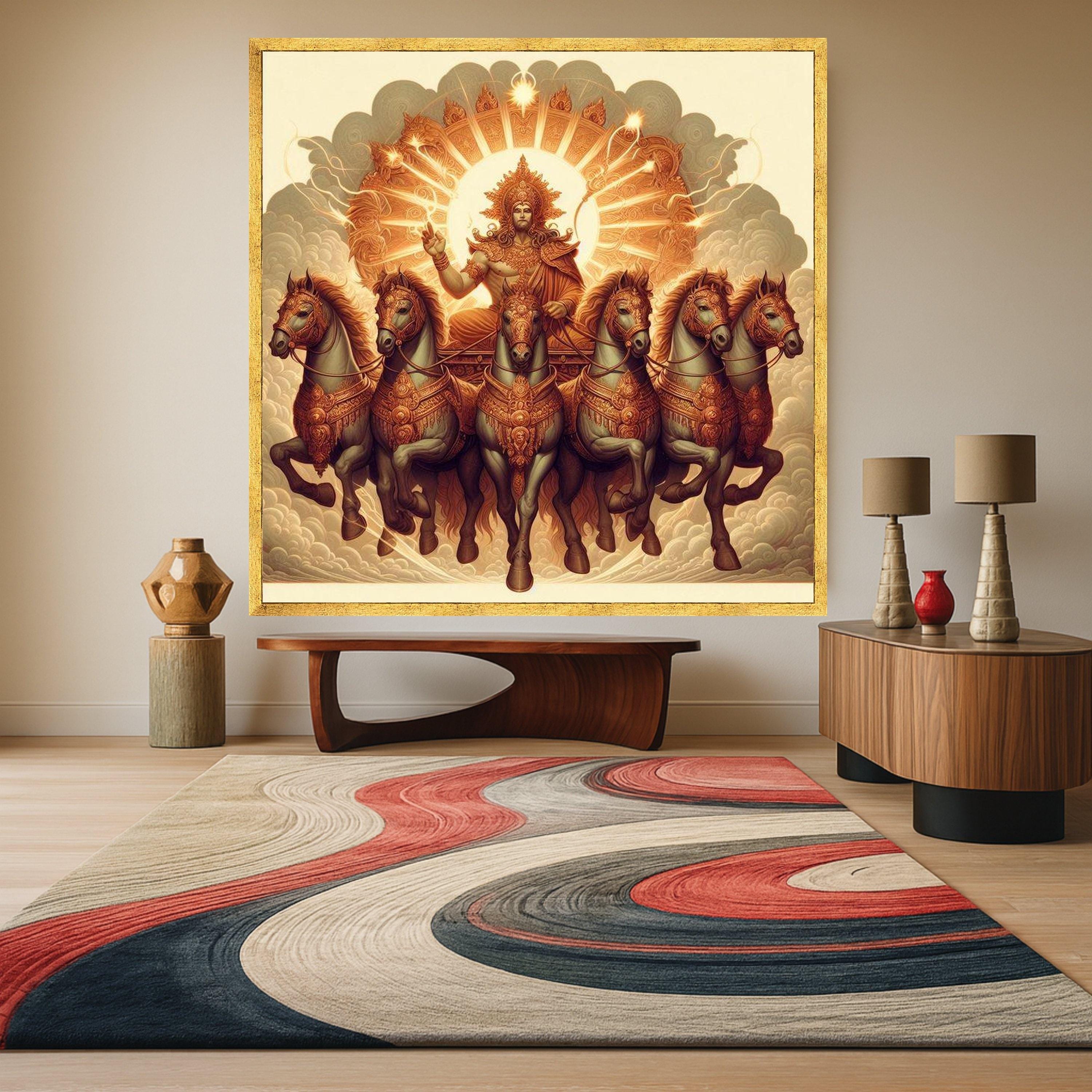 Hindu Sun God Surya Chariot Canvas, Mythological Wall Art, Divine Horses Ride Painting, Spiritual Indian Art, Home Decor Ready To Hang,