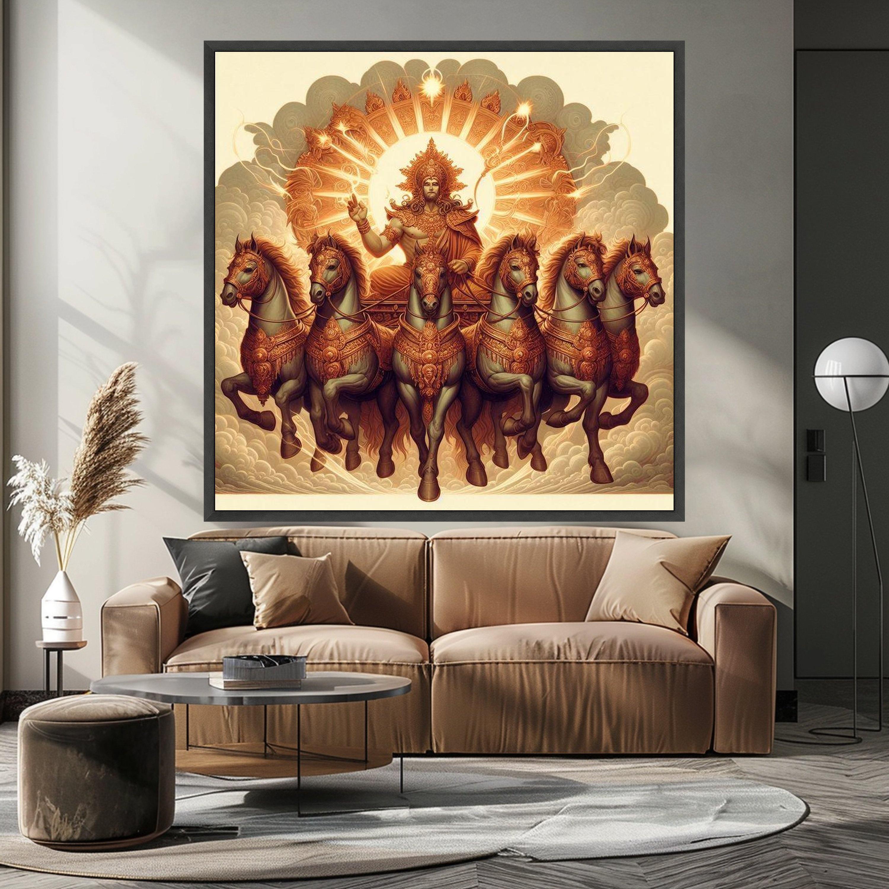 Hindu Sun God Surya Chariot Canvas, Mythological Wall Art, Divine Horses Ride Painting, Spiritual Indian Art, Home Decor Ready To Hang,