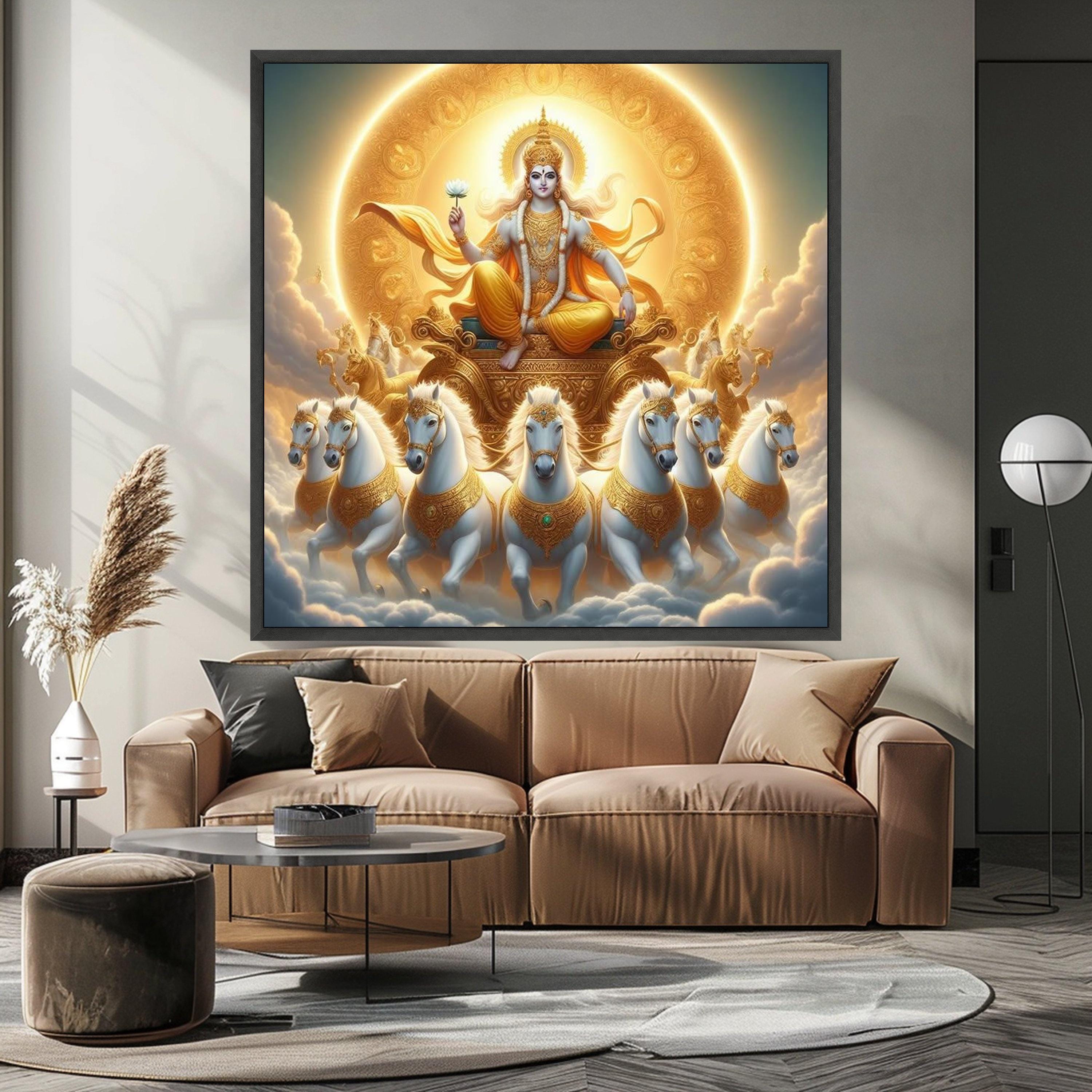 Divine Sun Chariot Canvas, Hindu God Wall Art, Spiritual Home Decor, Krishna Mythology Print, Golden Religious Canvas Art Ready To Hang,