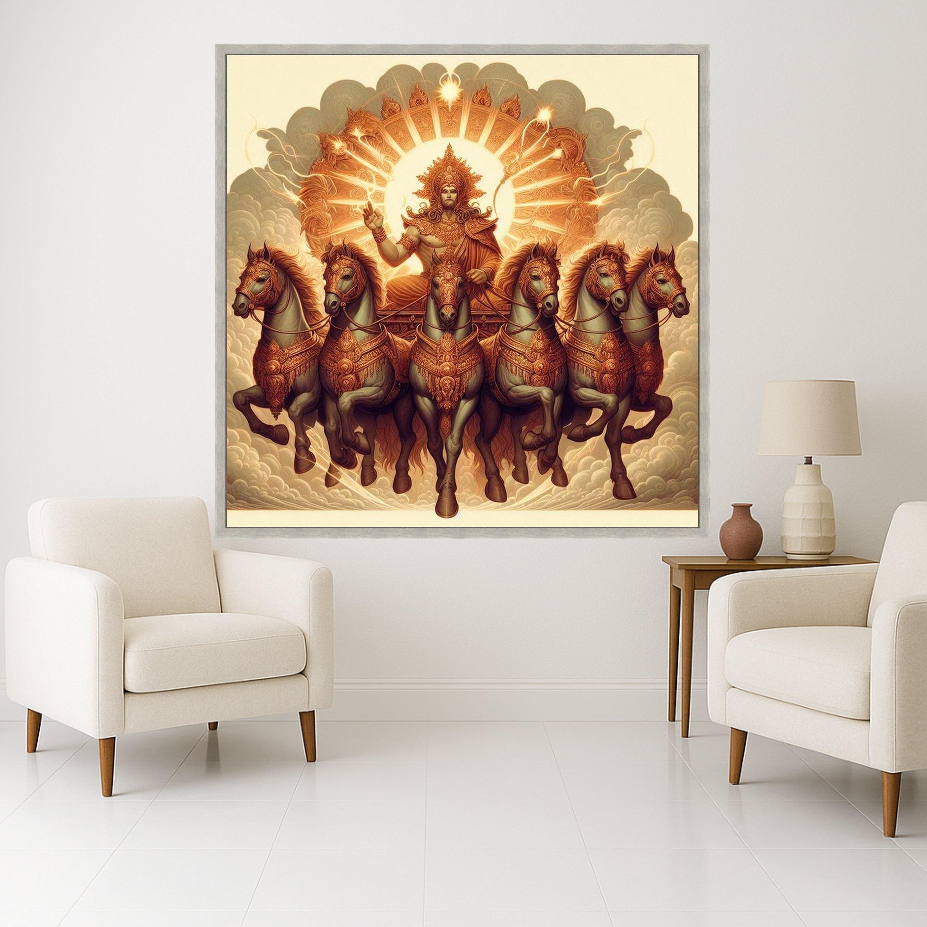Hindu Sun God Surya Chariot Canvas, Mythological Wall Art, Divine Horses Ride Painting, Spiritual Indian Art, Home Decor Ready To Hang,