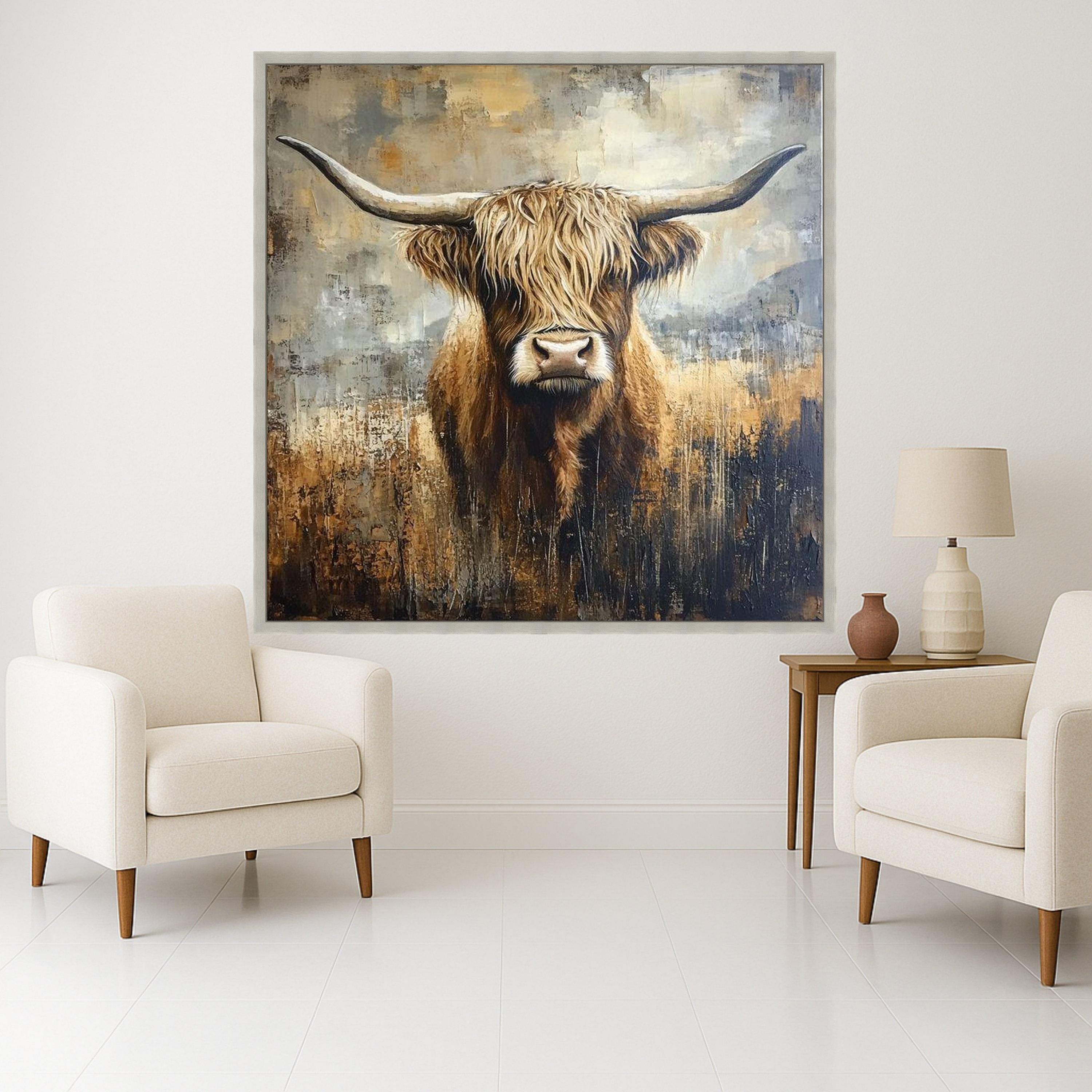 Highland Cow Canvas Wall Art, Rustic Animal Portrait, Farmhouse Decor, Brown and Beige Painting, Nature Inspired Canvas, Ready To Hang,