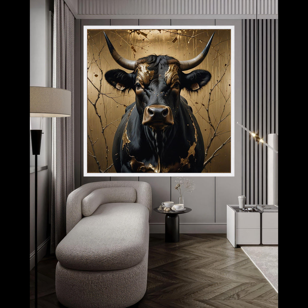 Majestic Black Bull Canvas Wall Art, Gold Leaf Accents, Rustic Animal Portrait, Nature Canvas Print, Farmhouse Decor, Ready Ready To Hang,