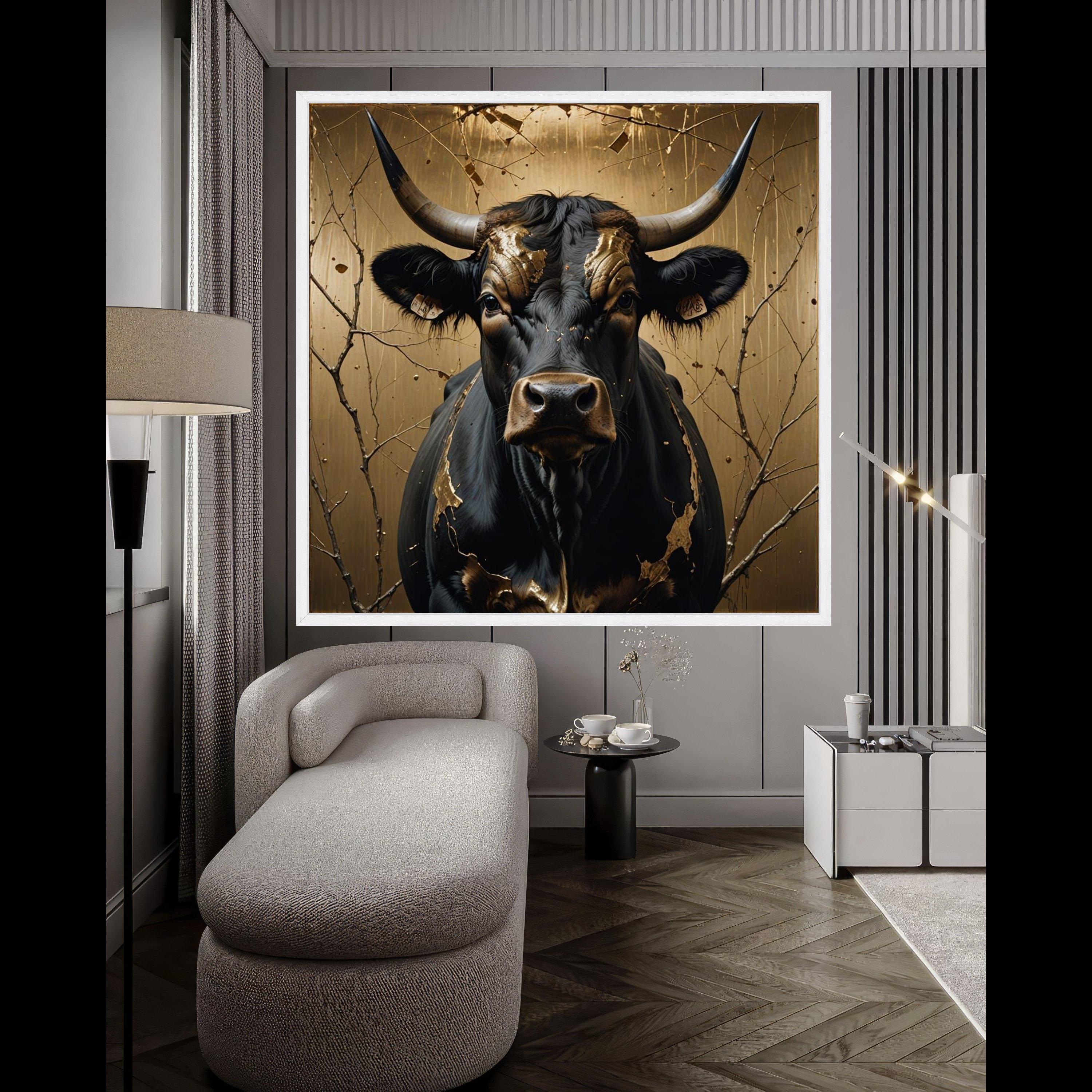 Majestic Black Bull Canvas Wall Art, Gold Leaf Accents, Rustic Animal Portrait, Nature Canvas Print, Farmhouse Decor, Ready Ready To Hang,