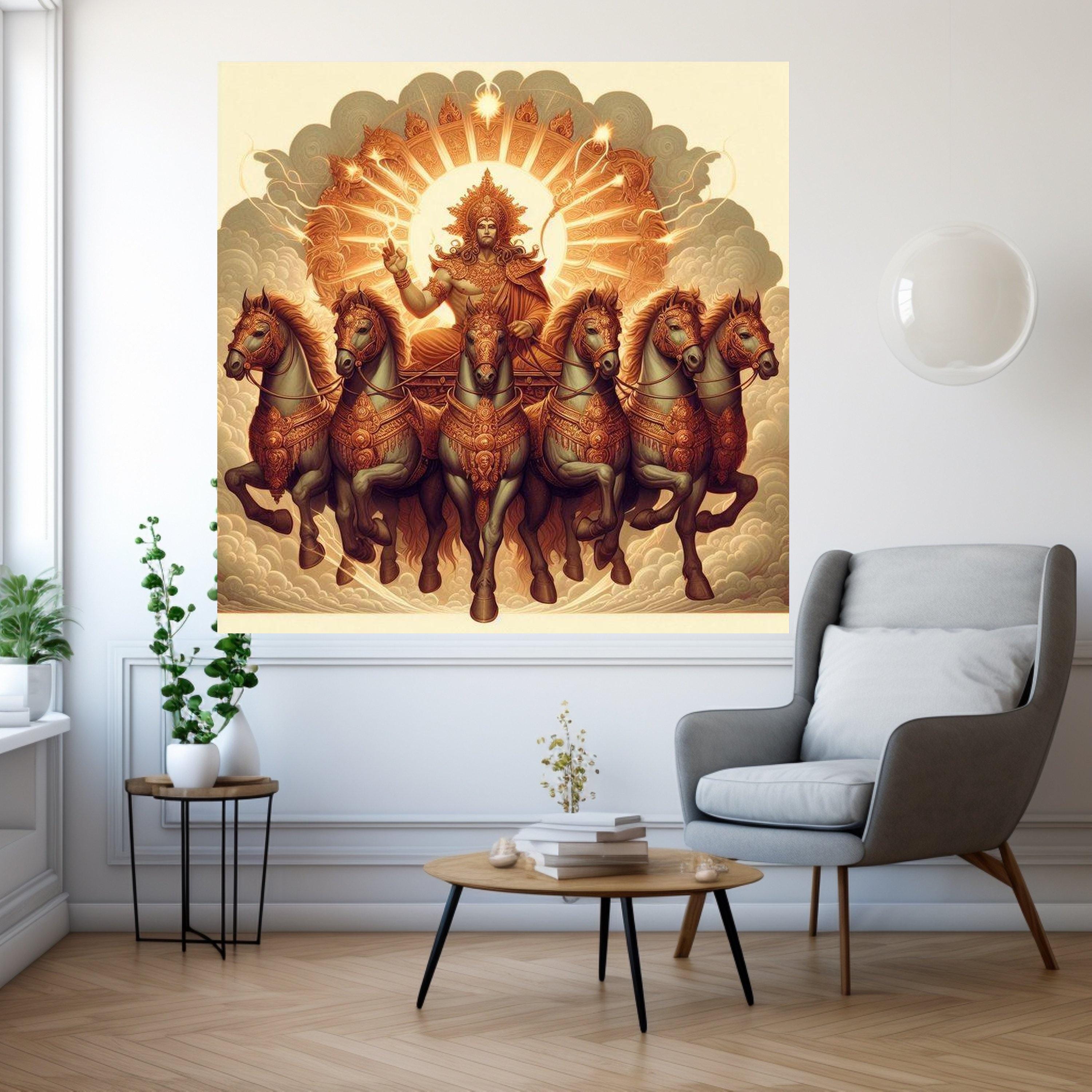 Hindu Sun God Surya Chariot Canvas, Mythological Wall Art, Divine Horses Ride Painting, Spiritual Indian Art, Home Decor Ready To Hang,