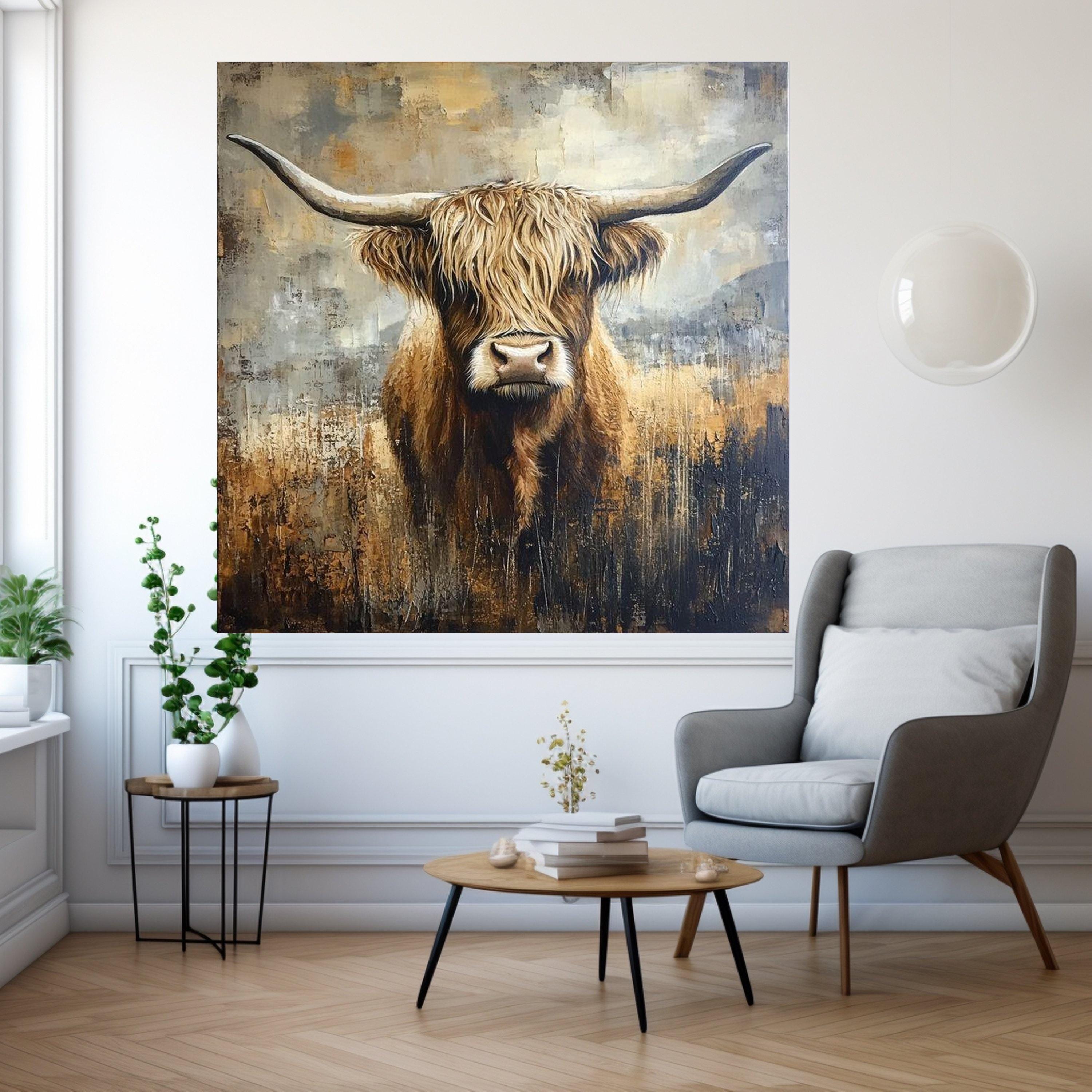 Highland Cow Canvas Wall Art, Rustic Animal Portrait, Farmhouse Decor, Brown and Beige Painting, Nature Inspired Canvas, Ready To Hang,