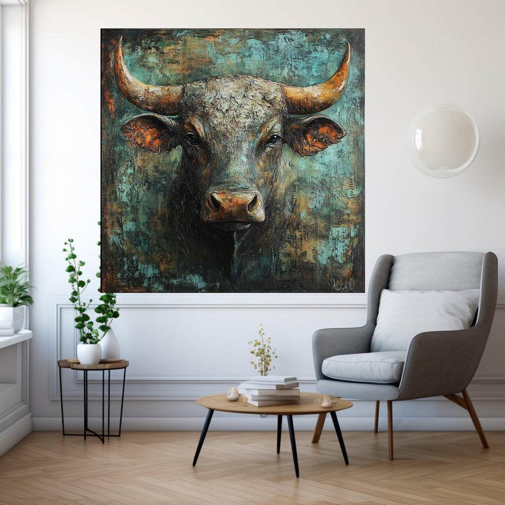 Rustic Bull Portrait Canvas, Bull Head Wall Art, Farmhouse Animal Canvas, Western Decor, Statement Canvas Painting Ready To Hang,