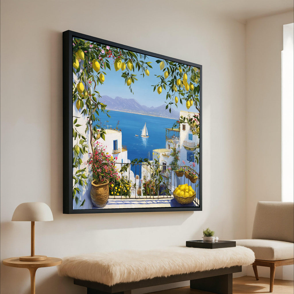 Mediterranean Balcony Canvas Print – Coastal Wall Art Ready to Hang – Lemon Tree Wall Decor for Kitchen or Living Room
