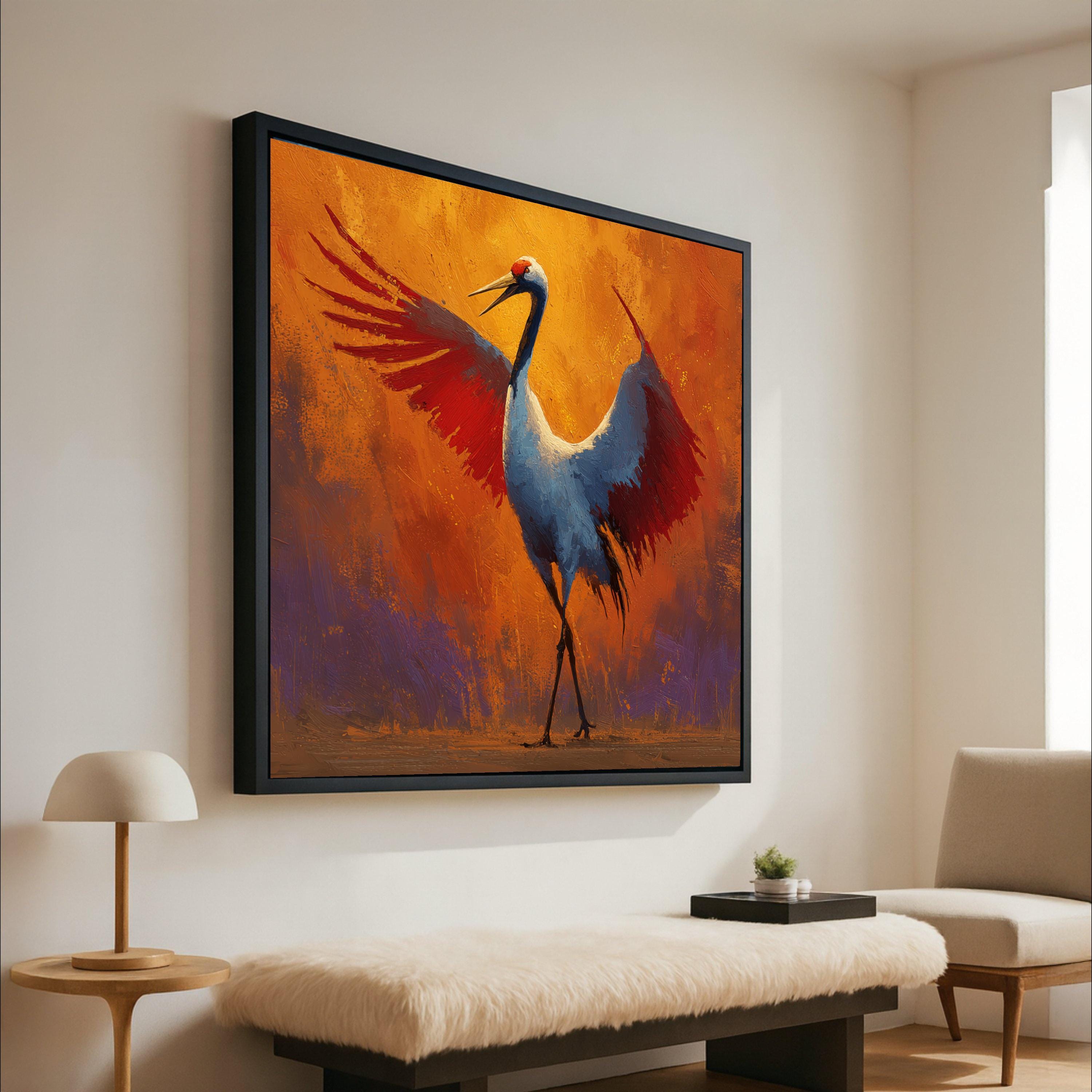 Majestic Crane Bird Canvas Wall Art, Vibrant Orange and Red Wings, Wildlife Painting, Nature Decor, Modern Abstract Canvas Ready To Hang,