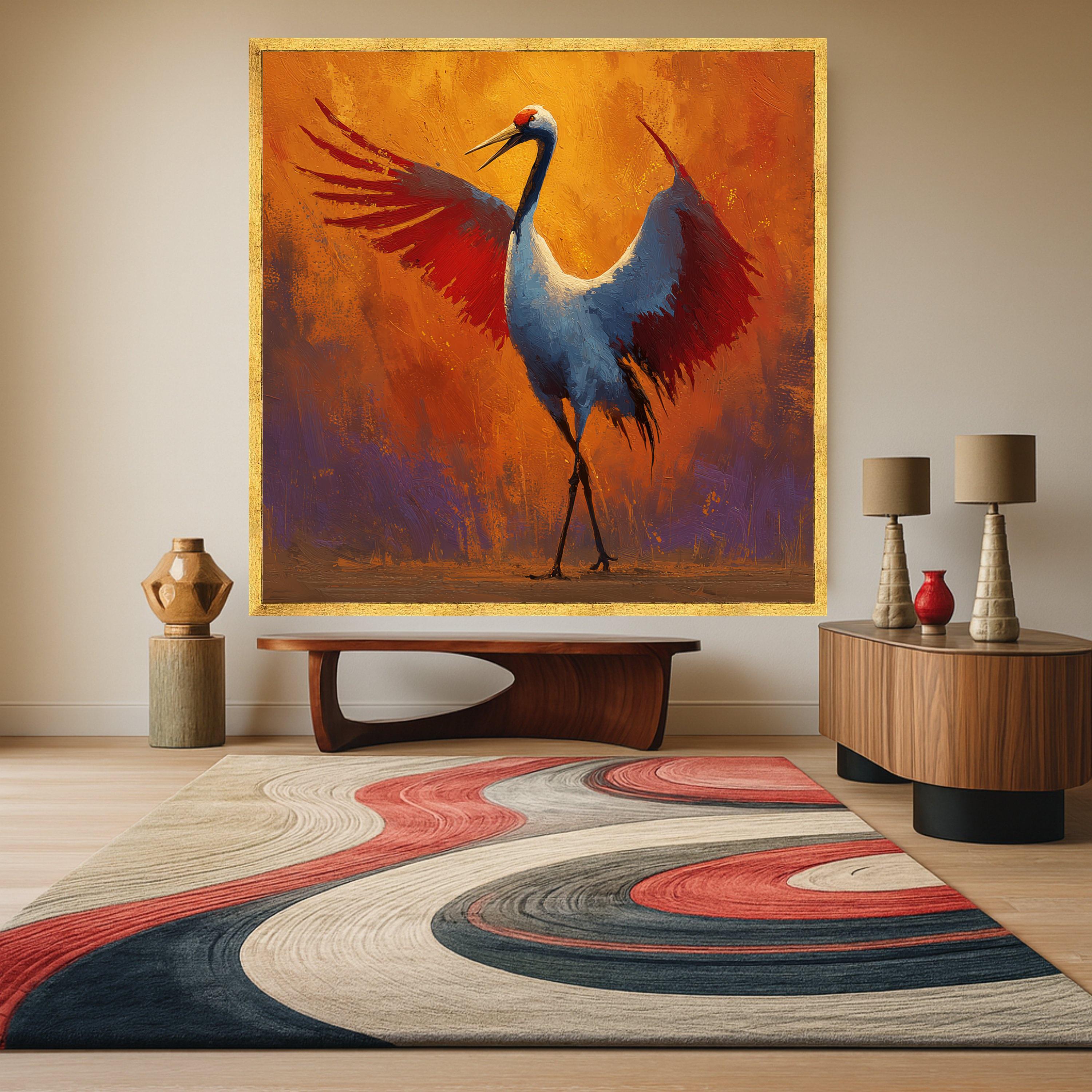 Majestic Crane Bird Canvas Wall Art, Vibrant Orange and Red Wings, Wildlife Painting, Nature Decor, Modern Abstract Canvas Ready To Hang,
