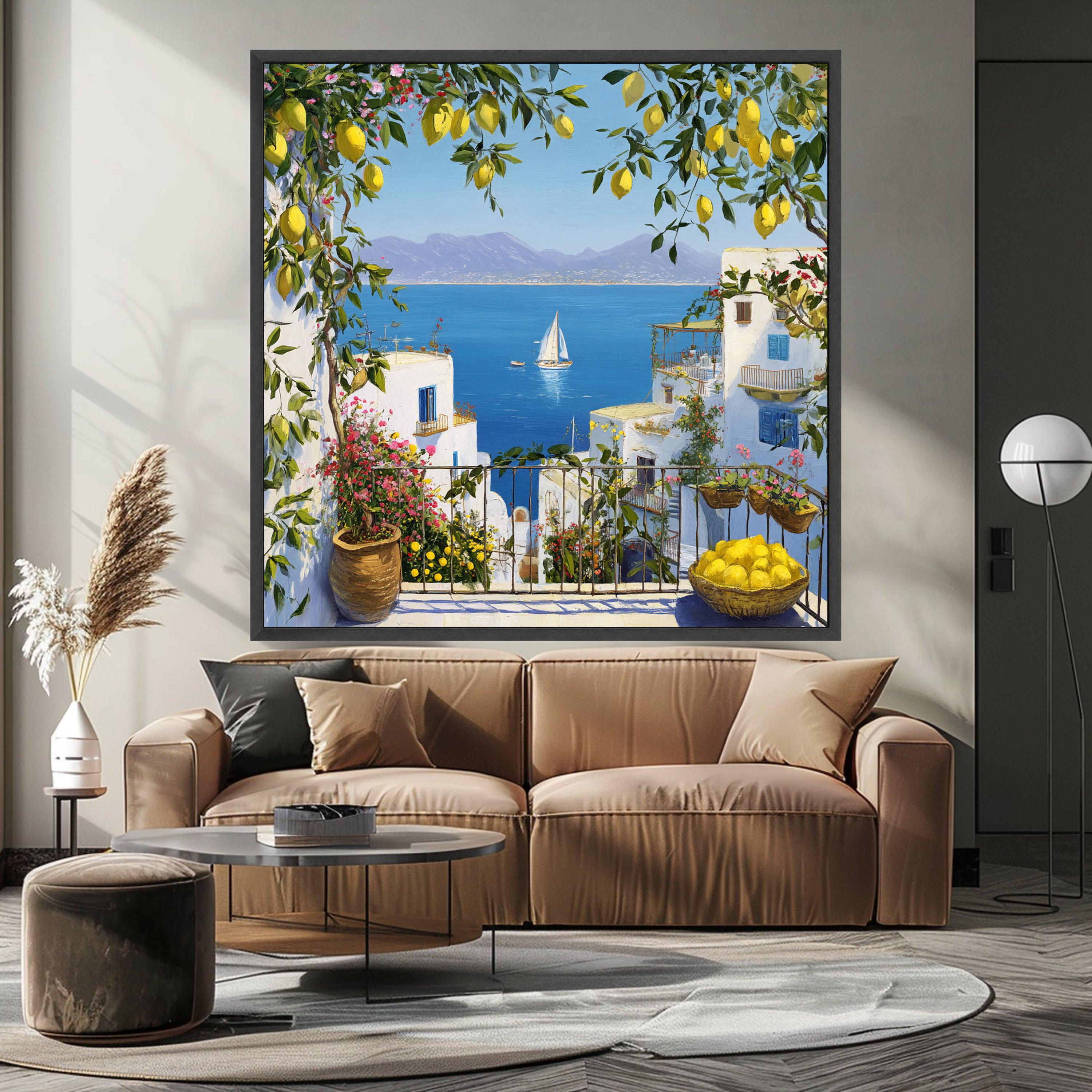 Mediterranean Balcony Canvas Print – Coastal Wall Art Ready to Hang – Lemon Tree Wall Decor for Kitchen or Living Room