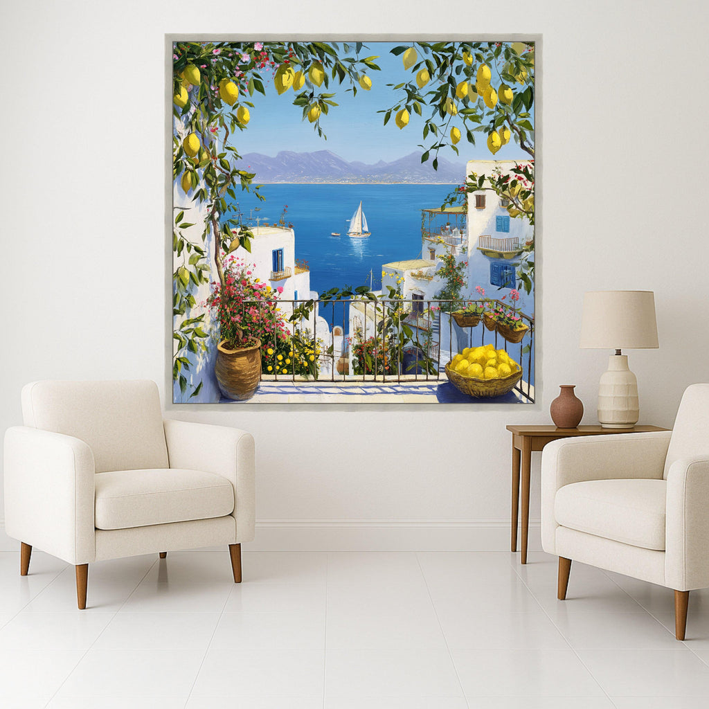 Mediterranean Balcony Canvas Print – Coastal Wall Art Ready to Hang – Lemon Tree Wall Decor for Kitchen or Living Room