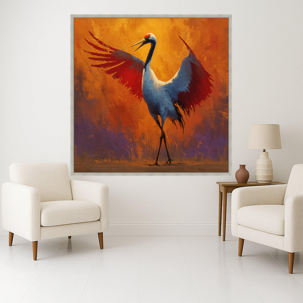 Majestic Crane Bird Canvas Wall Art, Vibrant Orange and Red Wings, Wildlife Painting, Nature Decor, Modern Abstract Canvas Ready To Hang,