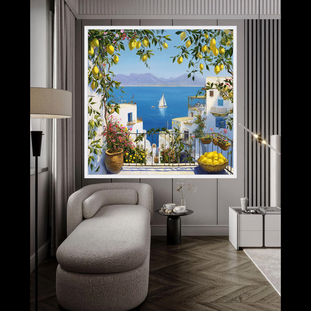Mediterranean Balcony Canvas Print – Coastal Wall Art Ready to Hang – Lemon Tree Wall Decor for Kitchen or Living Room