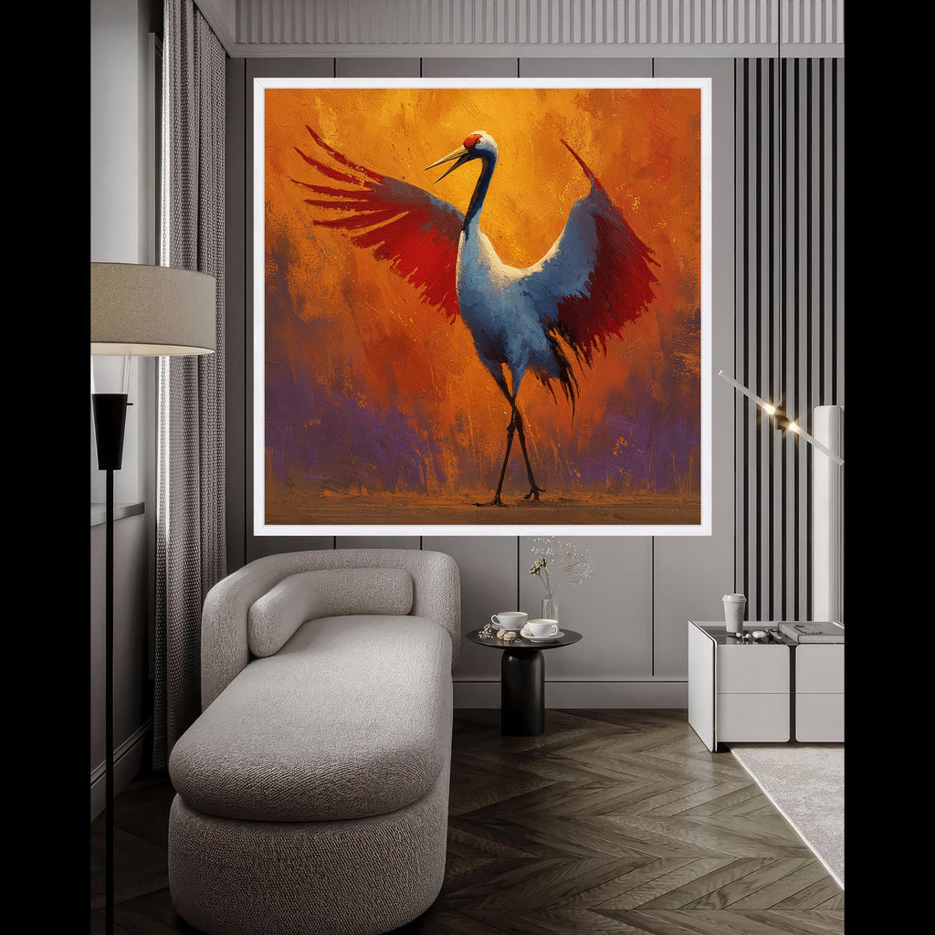 Majestic Crane Bird Canvas Wall Art, Vibrant Orange and Red Wings, Wildlife Painting, Nature Decor, Modern Abstract Canvas Ready To Hang,