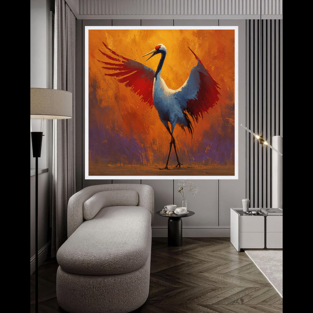 Majestic Crane Bird Canvas Wall Art, Vibrant Orange and Red Wings, Wildlife Painting, Nature Decor, Modern Abstract Canvas Ready To Hang,