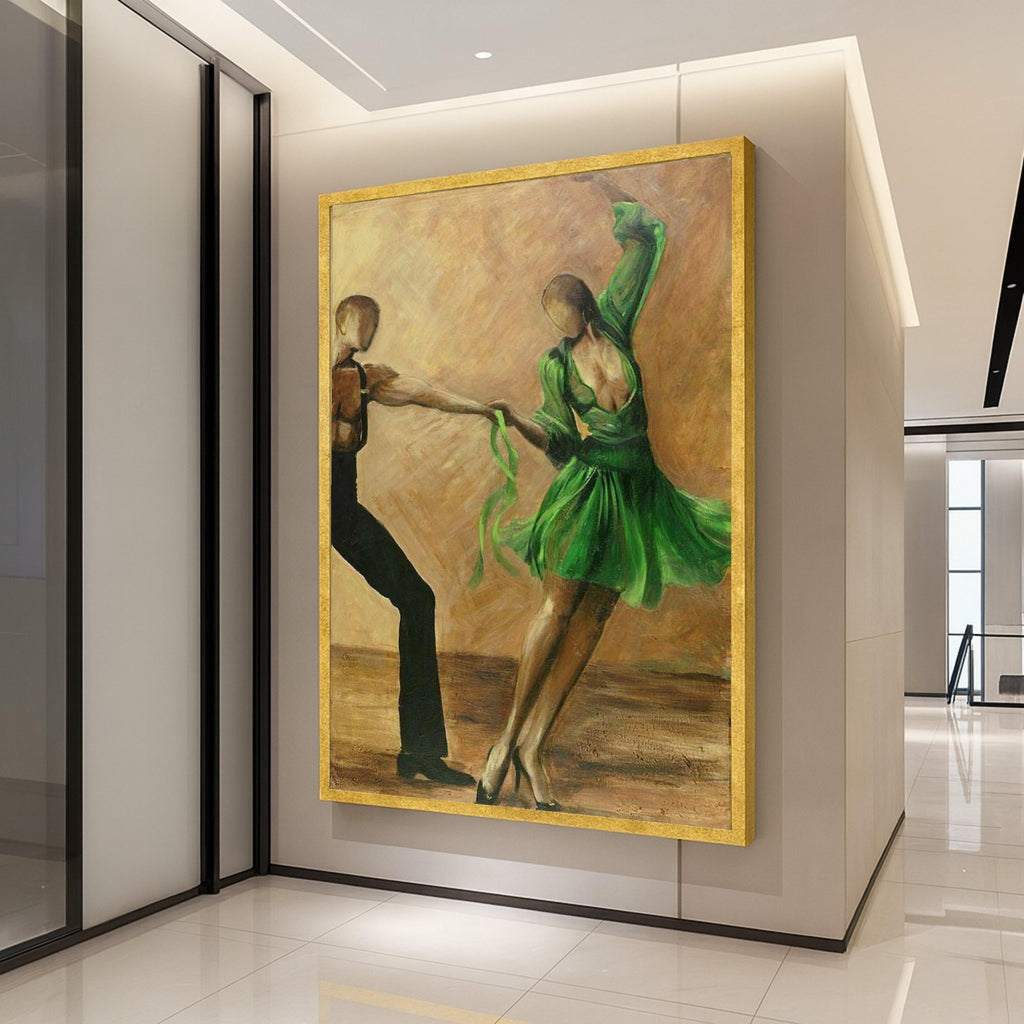 Elegant Dance Couple Canvas Wall Art, Green Dress Ballroom Dancing, Abstract Figurative Painting, Romantic Home Decor, Modern Ready To Hang,
