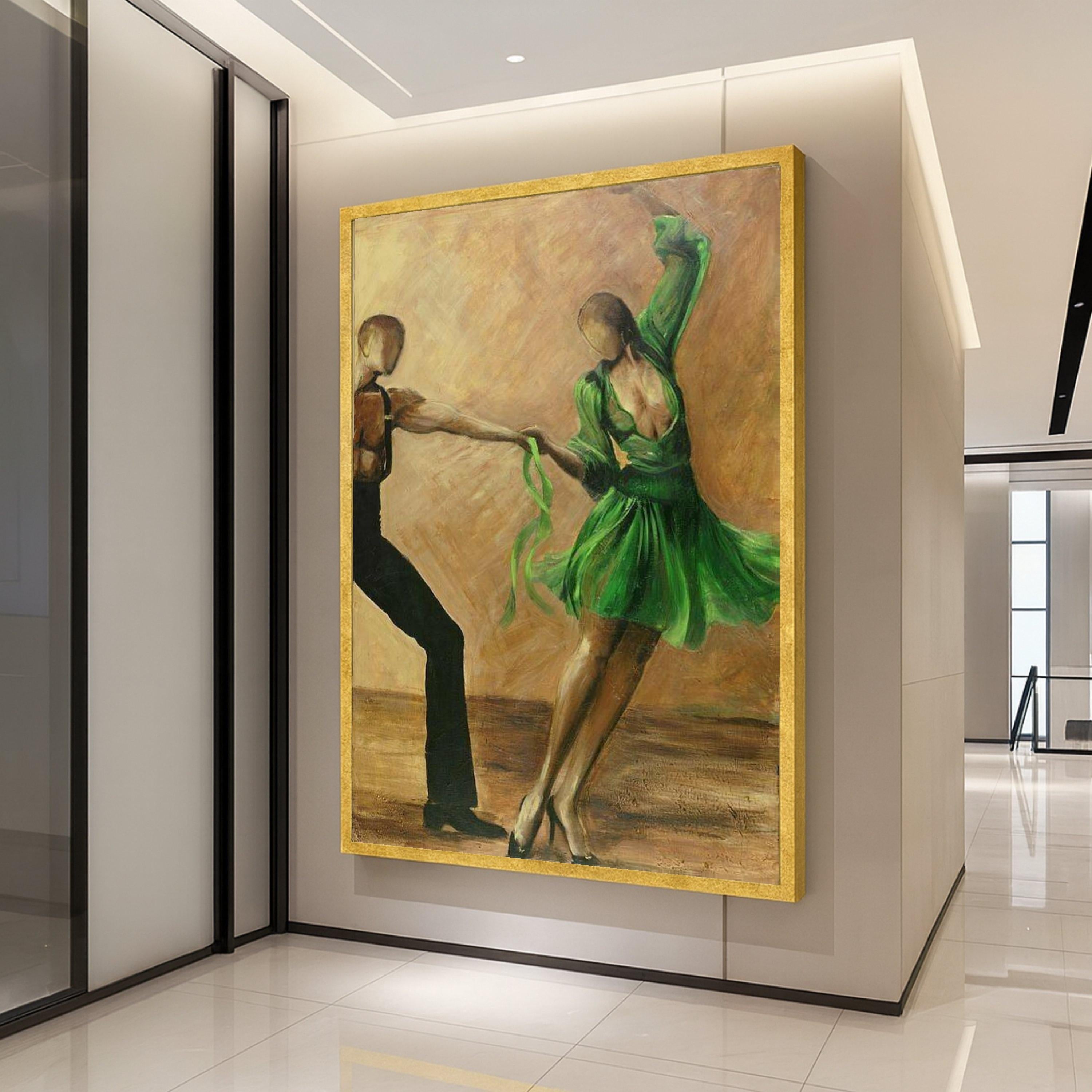 Elegant Dance Couple Canvas Wall Art, Green Dress Ballroom Dancing, Abstract Figurative Painting, Romantic Home Decor, Modern Ready To Hang,