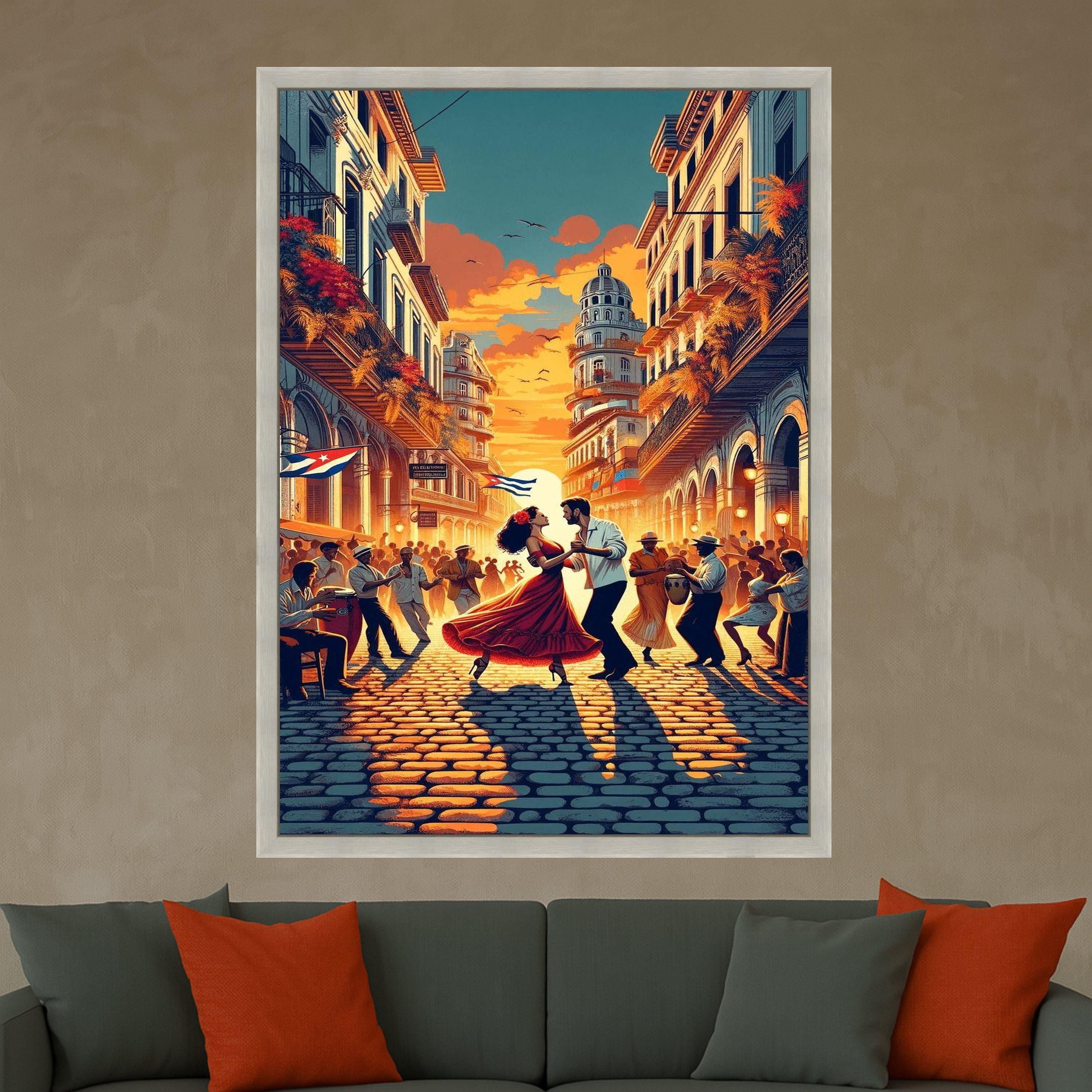 Sunset Dance in Havana, Cuban Street Scene Canvas, Latin Culture Wall Art, Romantic Couple Dancing, Vibrant Cityscape Canvas, Ready To Hang,