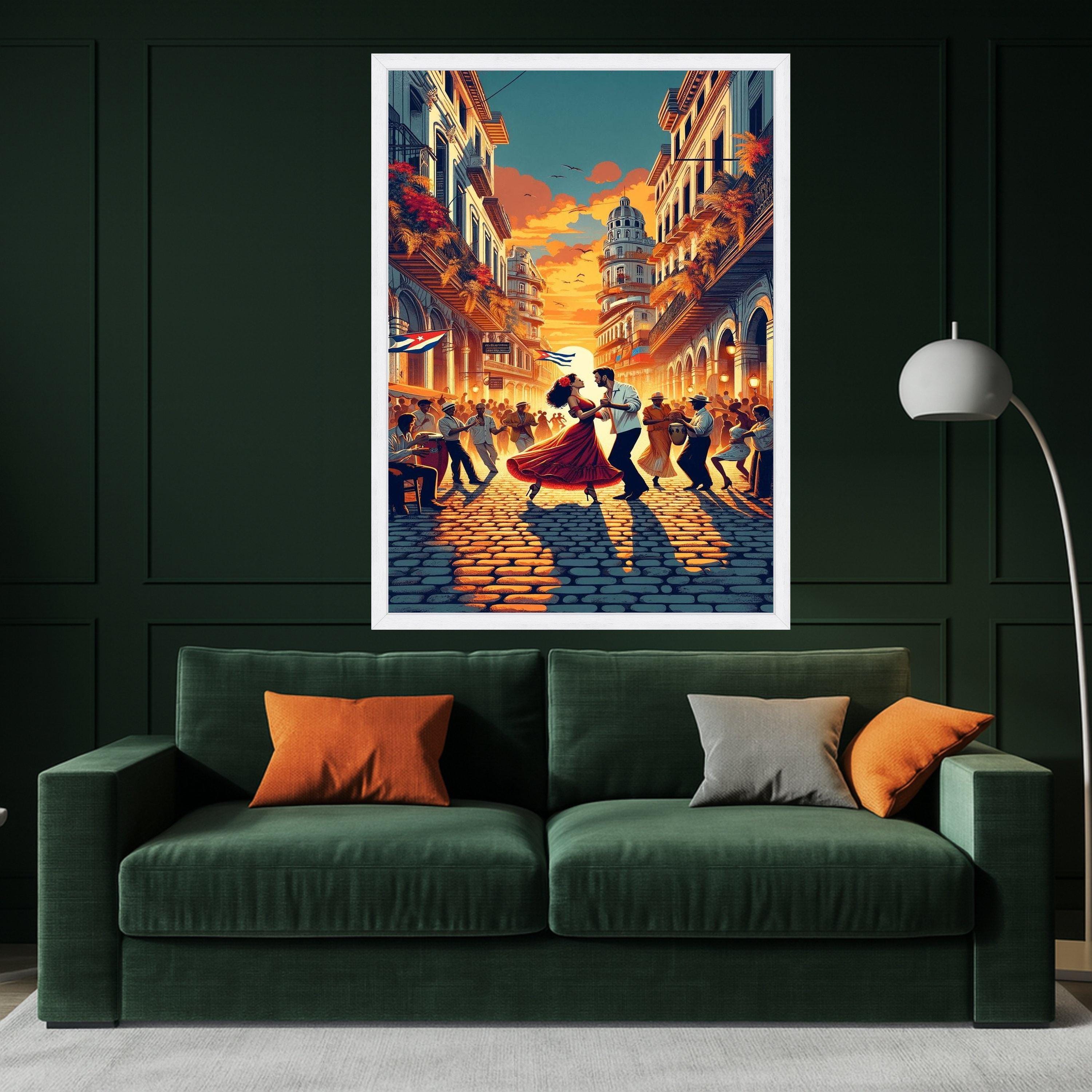 Sunset Dance in Havana, Cuban Street Scene Canvas, Latin Culture Wall Art, Romantic Couple Dancing, Vibrant Cityscape Canvas, Ready To Hang,