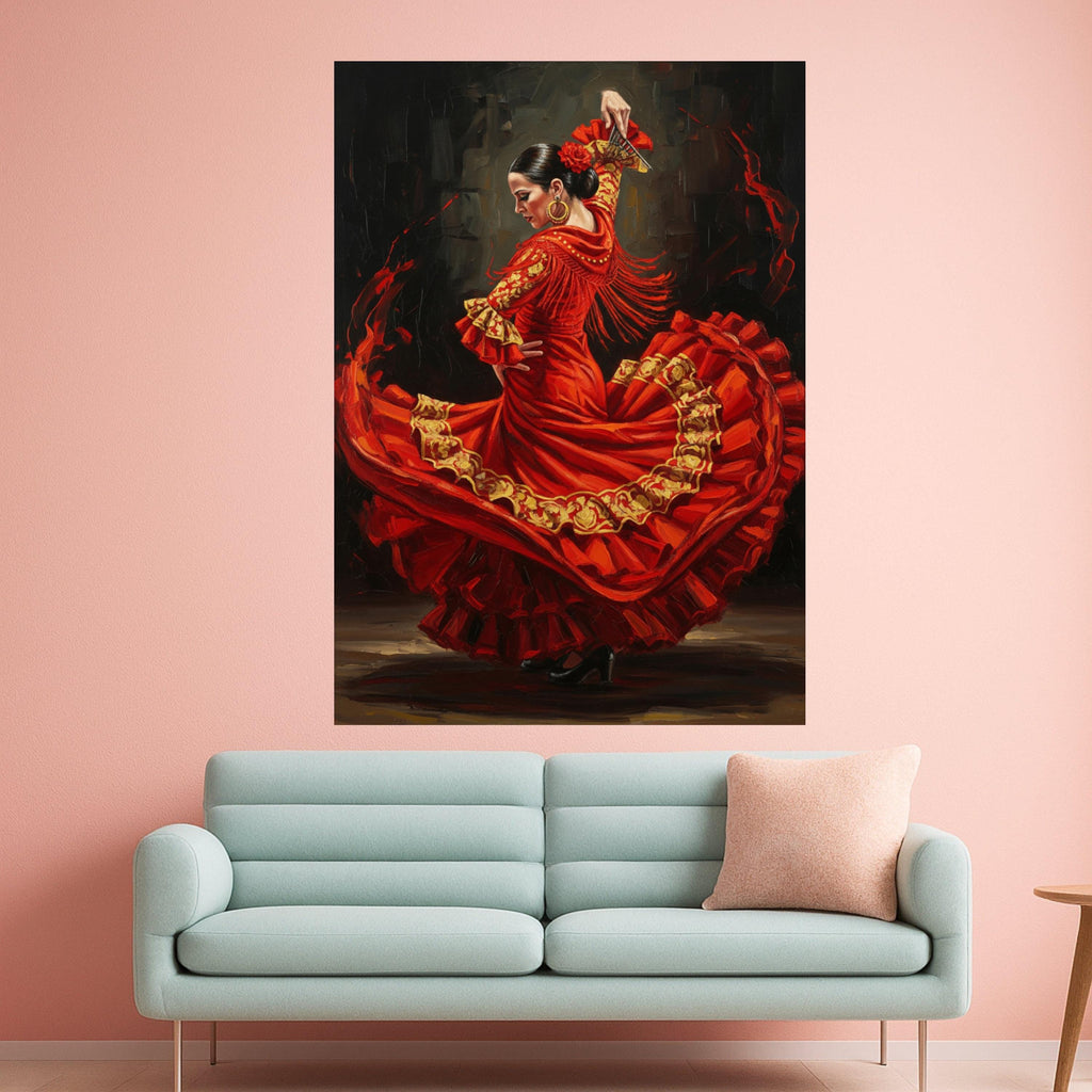 Flamenco Dancer Canvas Print – Spanish Dance Wall Art Ready to Hang – Bold Red Wall Decor for Living Room or Studio