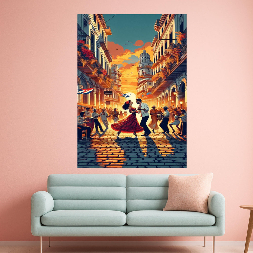 Sunset Dance in Havana, Cuban Street Scene Canvas, Latin Culture Wall Art, Romantic Couple Dancing, Vibrant Cityscape Canvas, Ready To Hang,