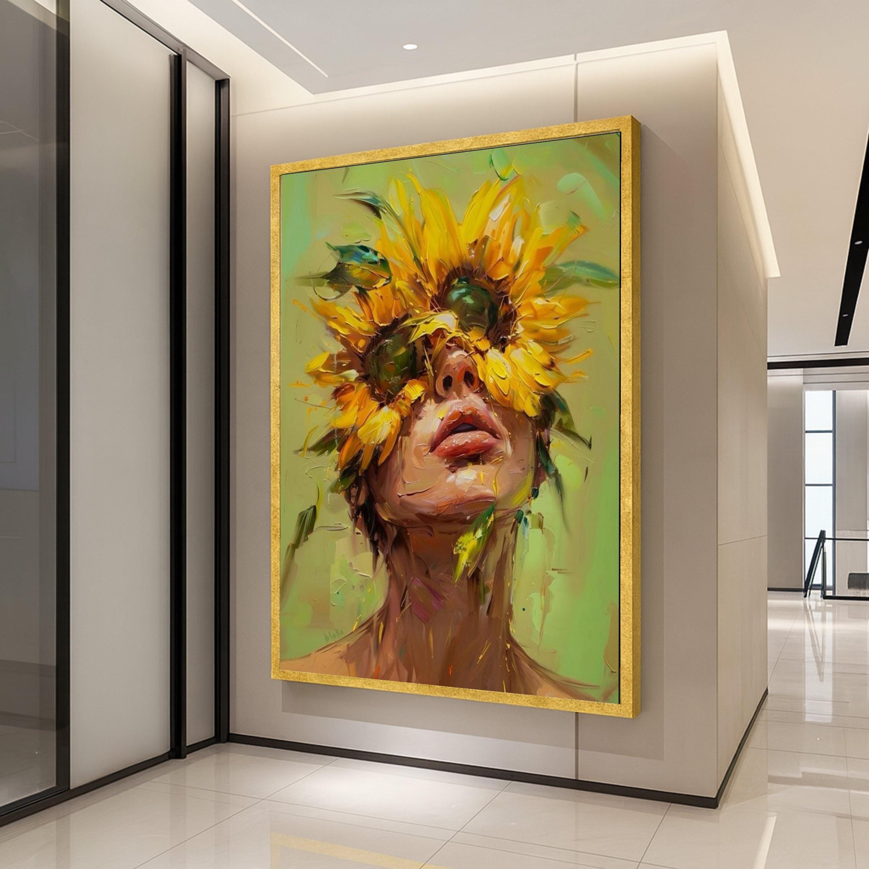 Abstract Sunflower Woman Canvas Print – Modern Portrait Wall Art, Bold Floral Wall Decor, Ready to Hang Eclectic Home Decoration