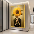 Surreal Sunflower Portrait Canvas, Woman Holding Sunflower Wall Art, Modern Botanical Canvas, Unique Home Decoration, Ready Ready To Hang,