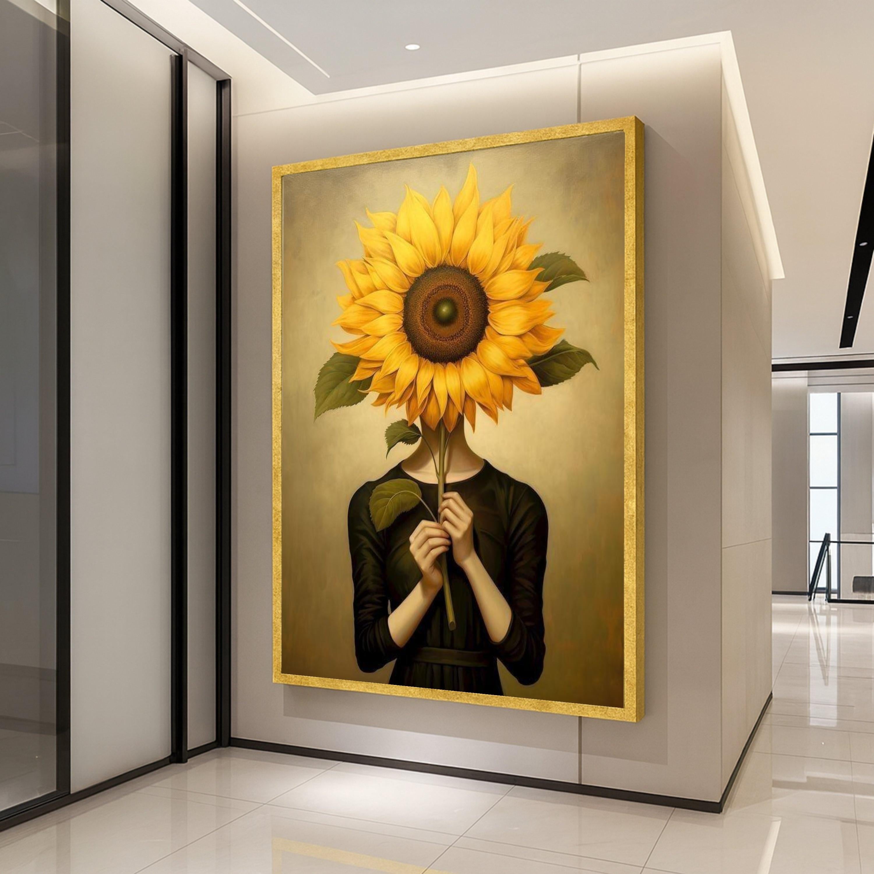 Surreal Sunflower Portrait Canvas, Woman Holding Sunflower Wall Art, Modern Botanical Canvas, Unique Home Decoration, Ready Ready To Hang,